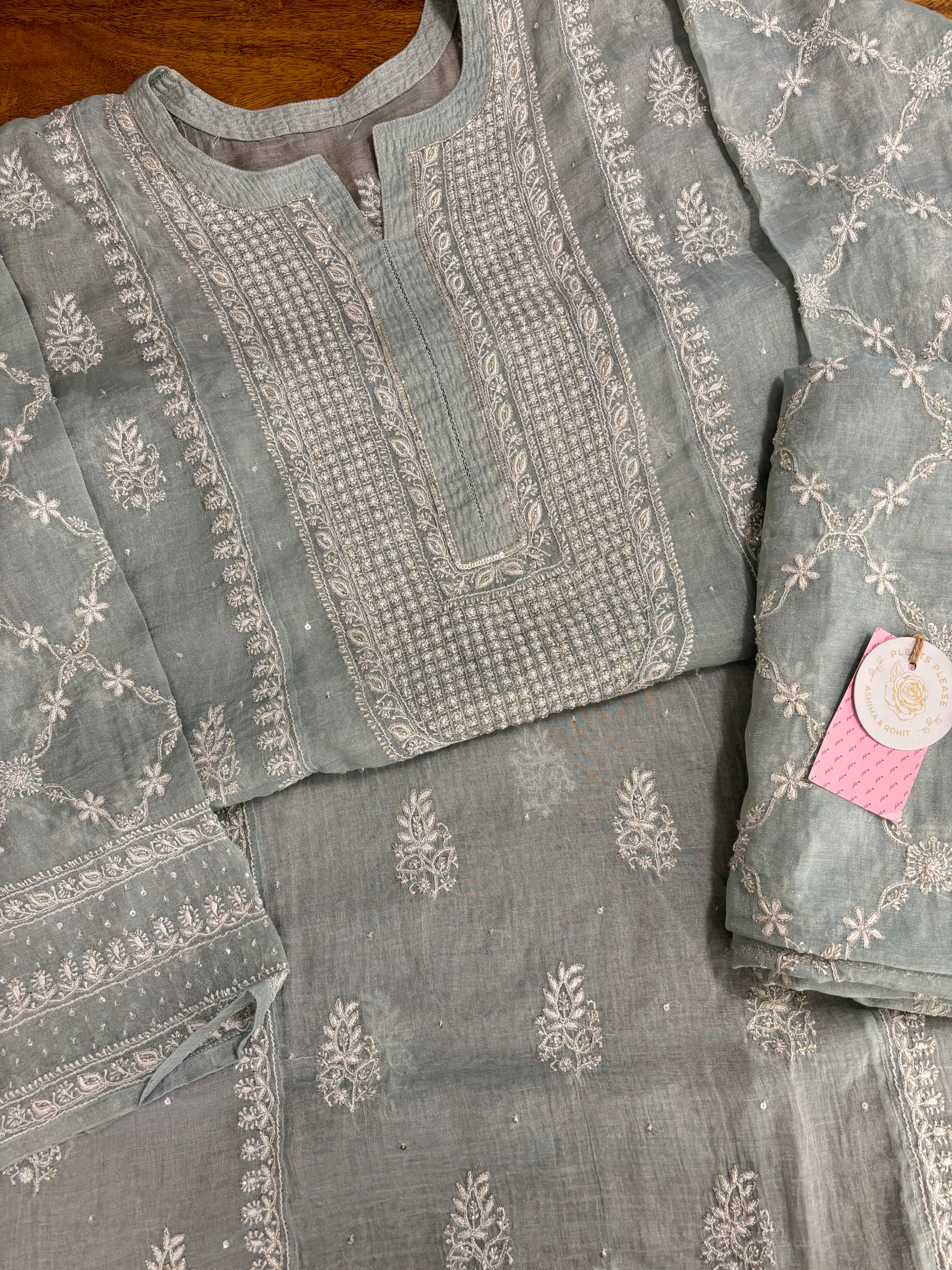 Pastel Sage Green Pure & Premium Tissue Chikankari Kurta & Dupatta