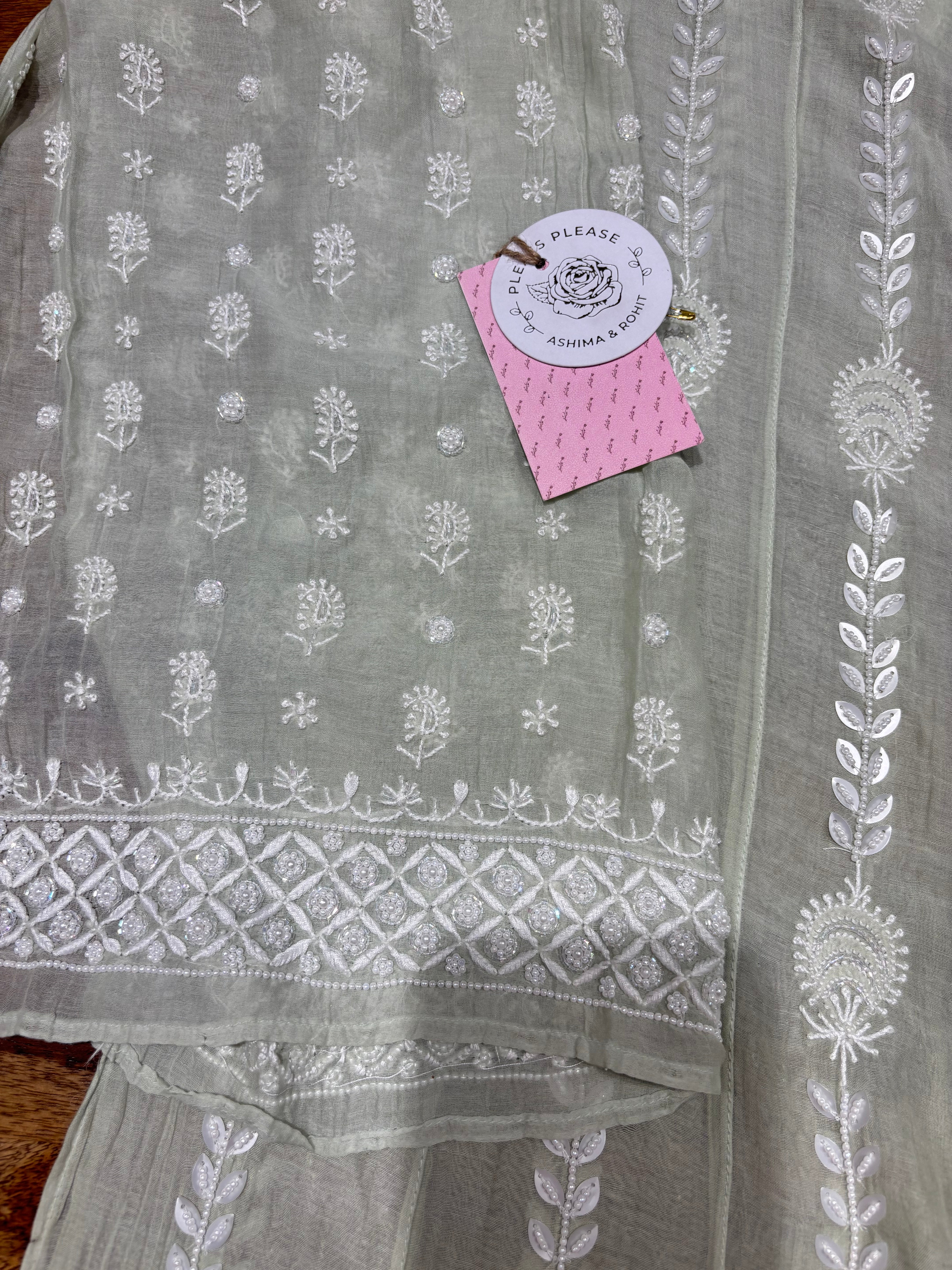 Sage Green Ombre Chanderi Mul Chikankari Anarkali & Dupatta Set