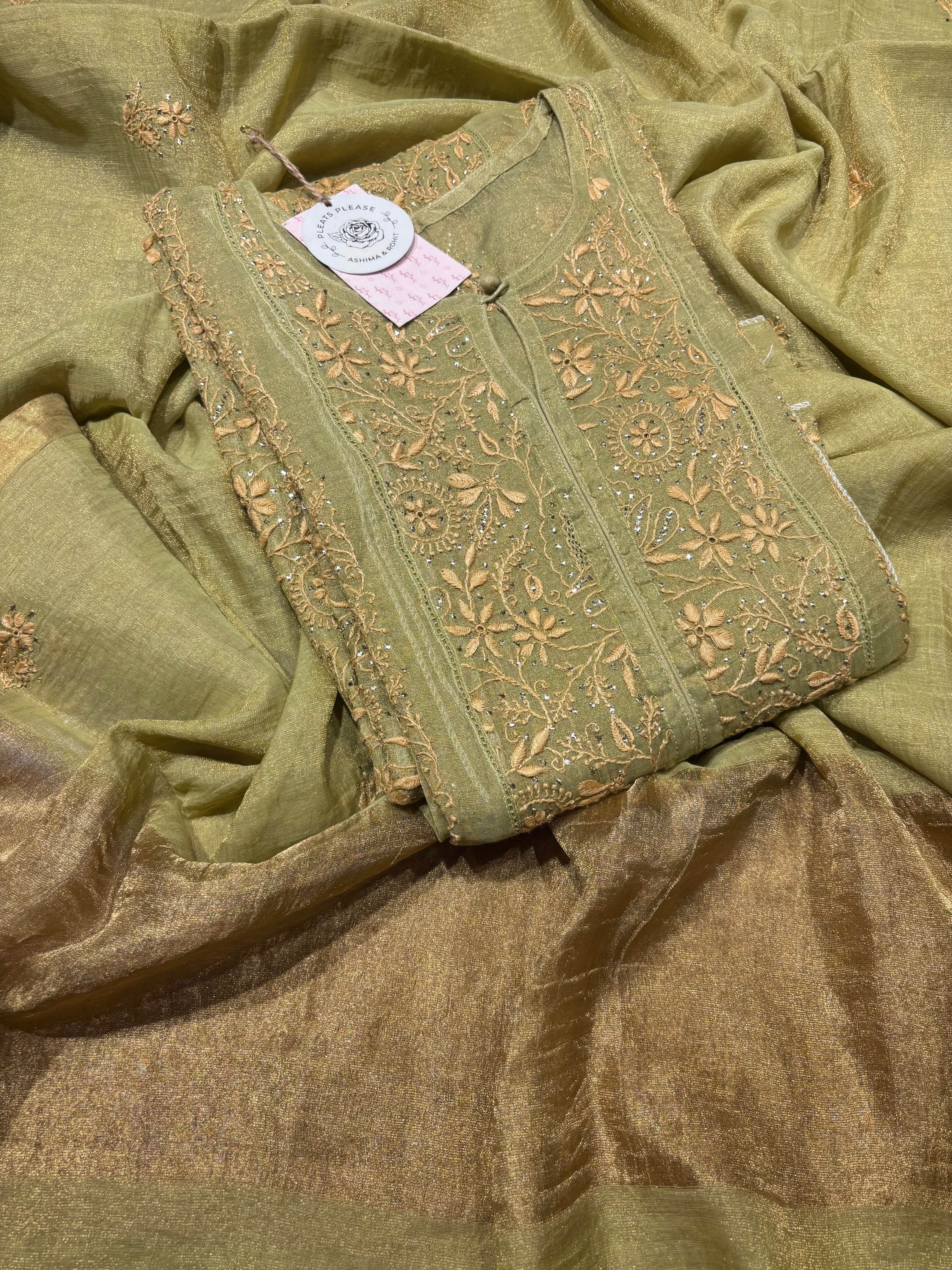 Green Pure Tissue Chikankari Kalidar Kurta and Dupatta set