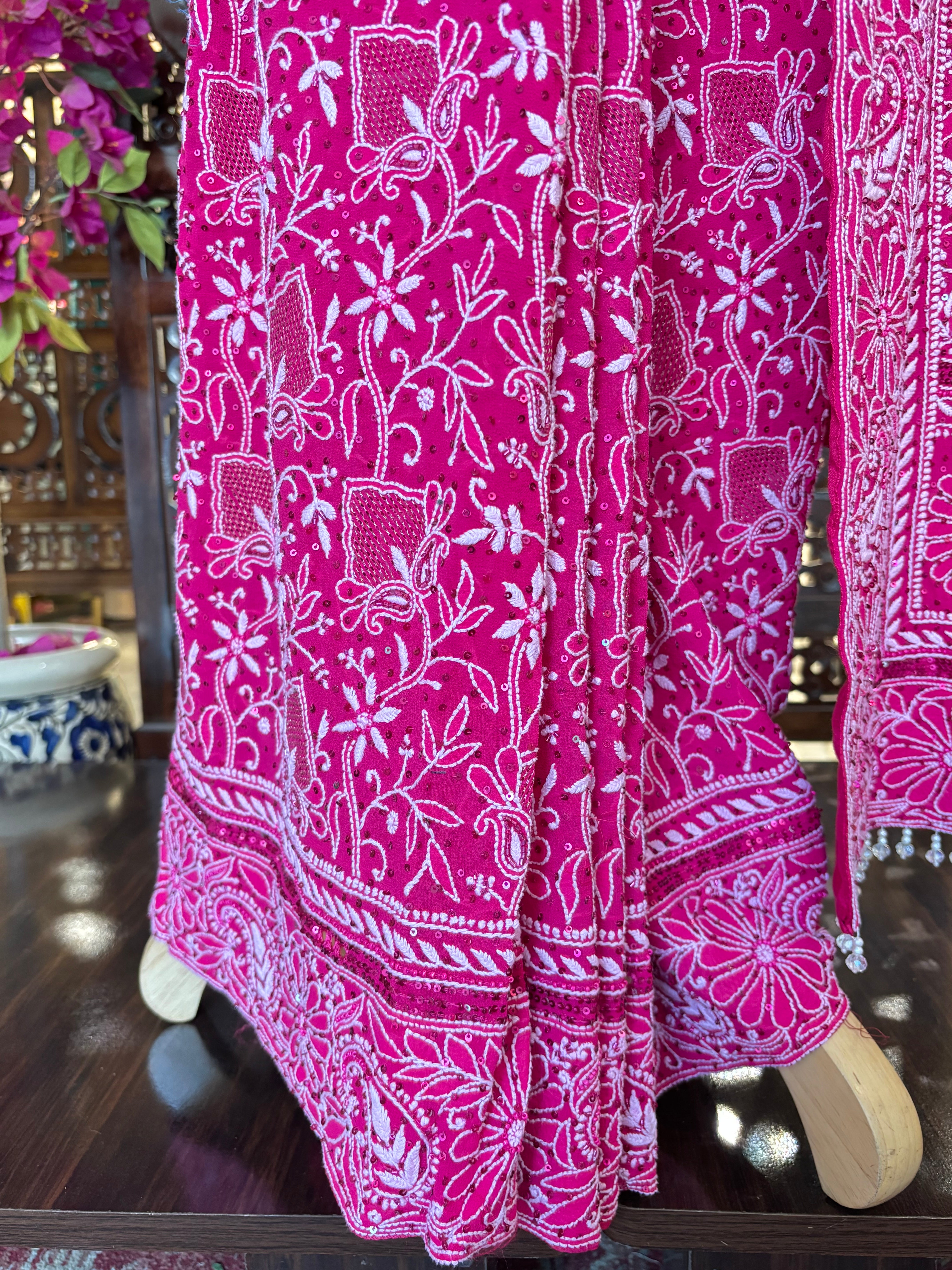 Magenta Pure & Premium Georgette Chikankari Saree - Pleats PleaseChikankari