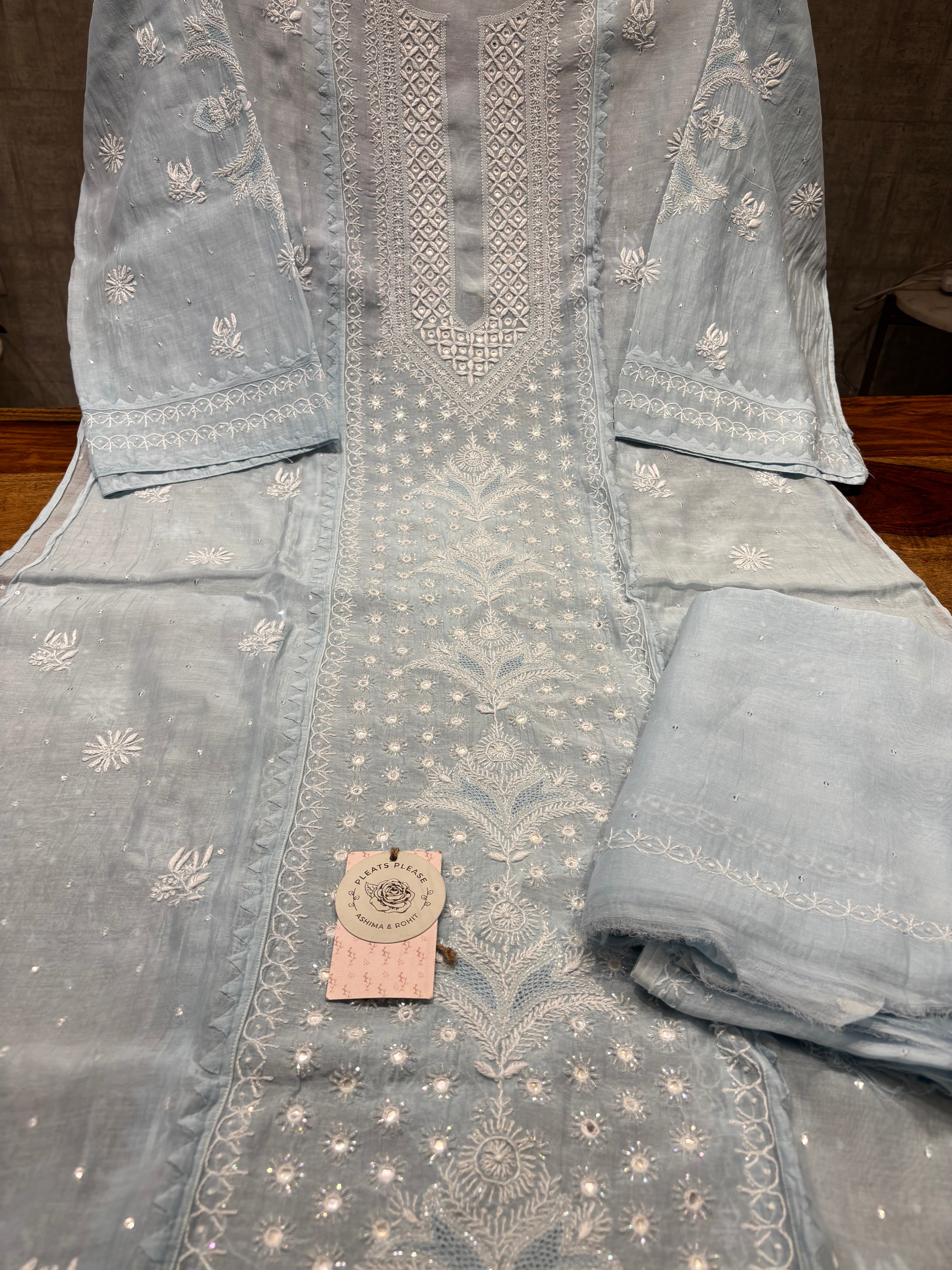 Powder blue chanderi  Mul Chikankari kurta and Dupatta Set