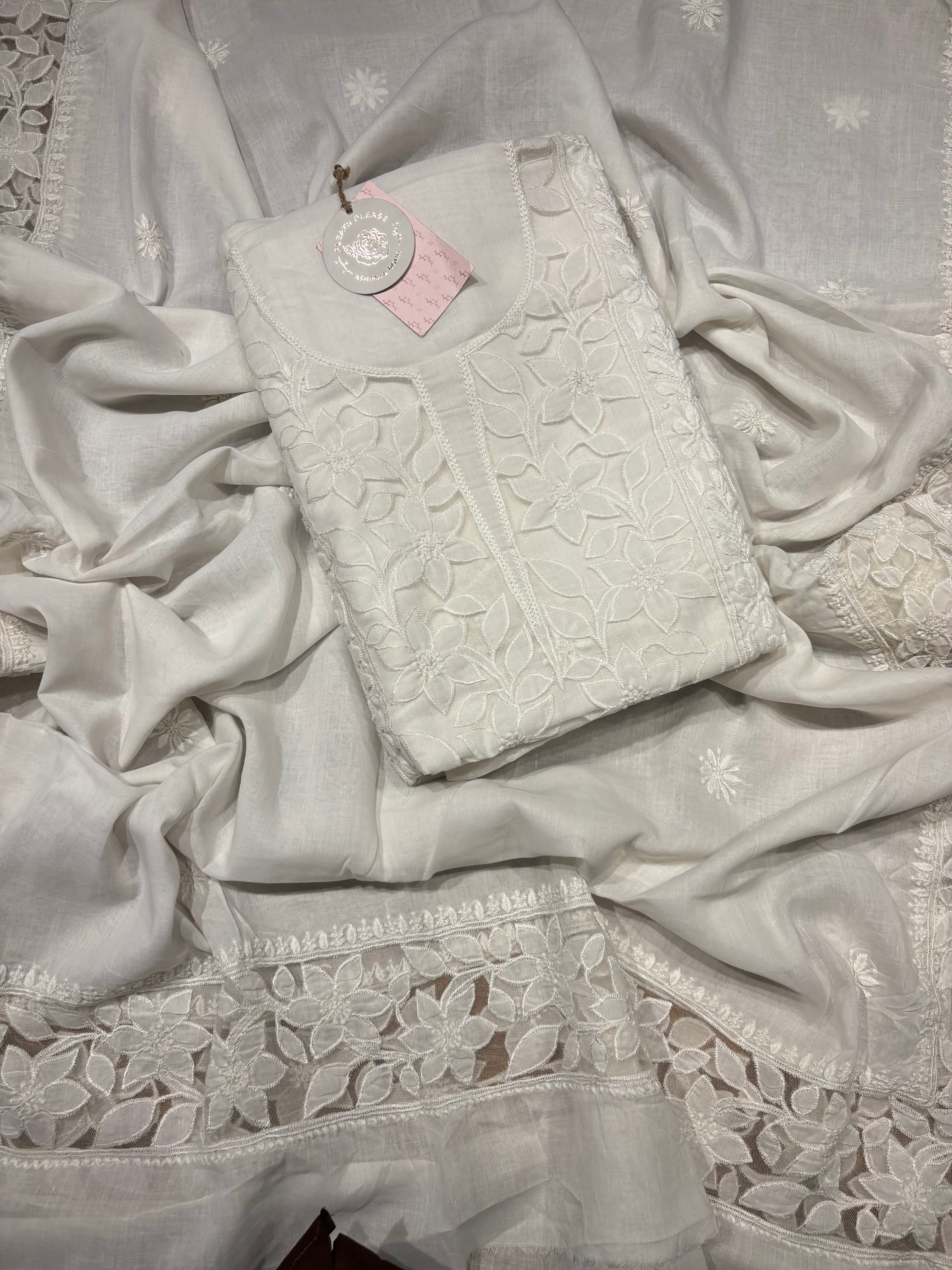 White Mulmul Soft Net Chikankari Applique Kurta And Dupatta Fabric