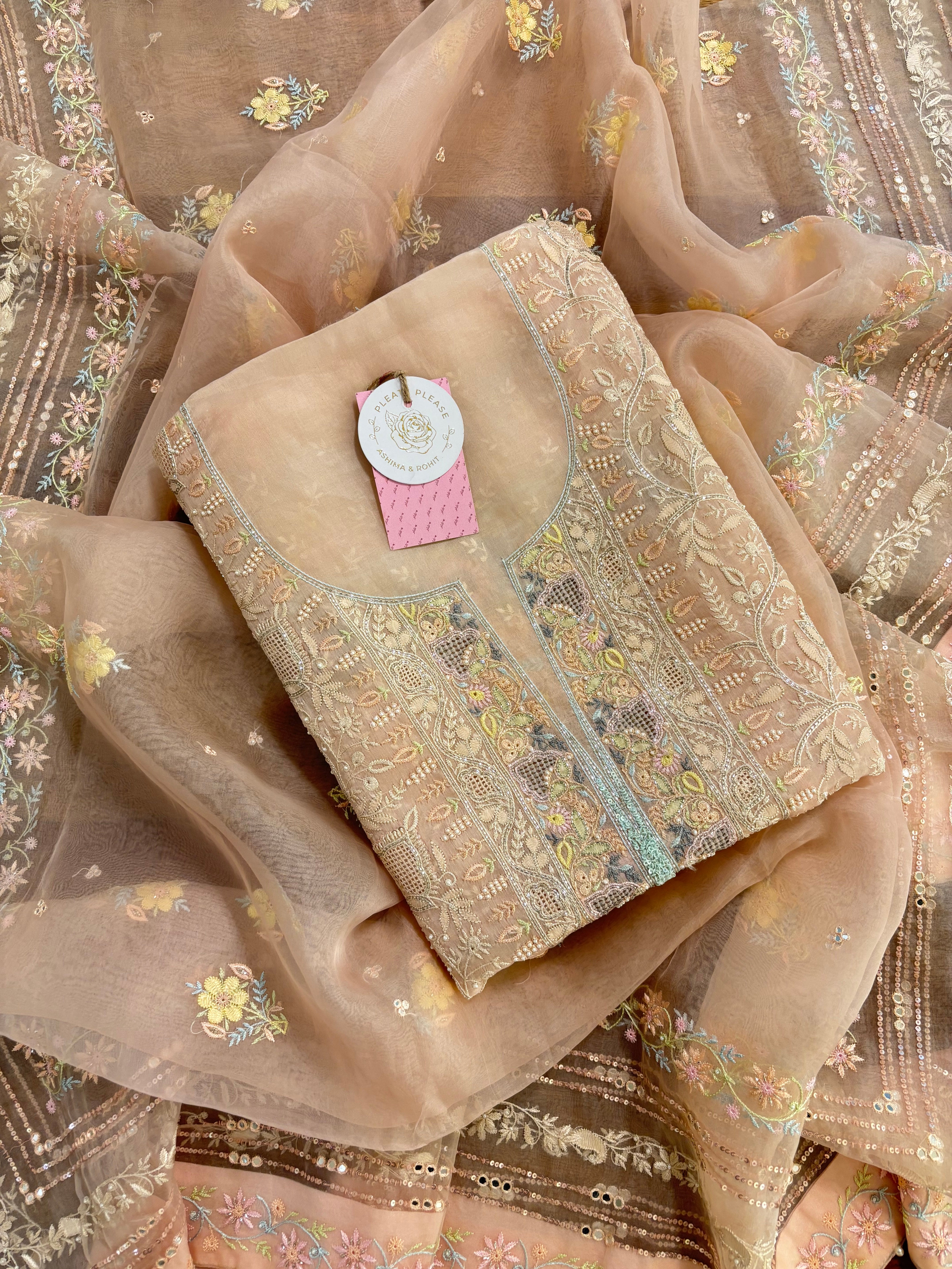 Pastel Peach Organza Mirror Chikankari Kurta & Dupatta