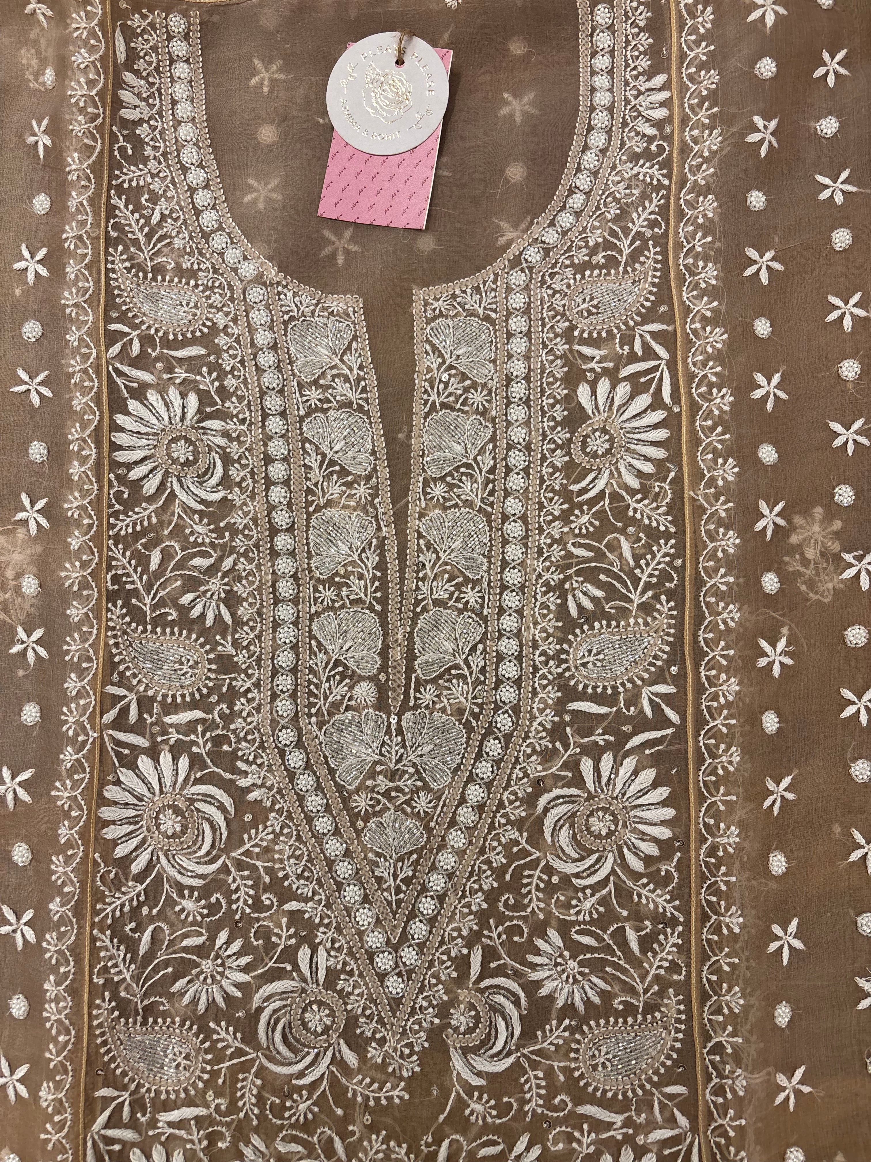 Mocha Brown Pure Organza Chikankari Kurta & Dupatta