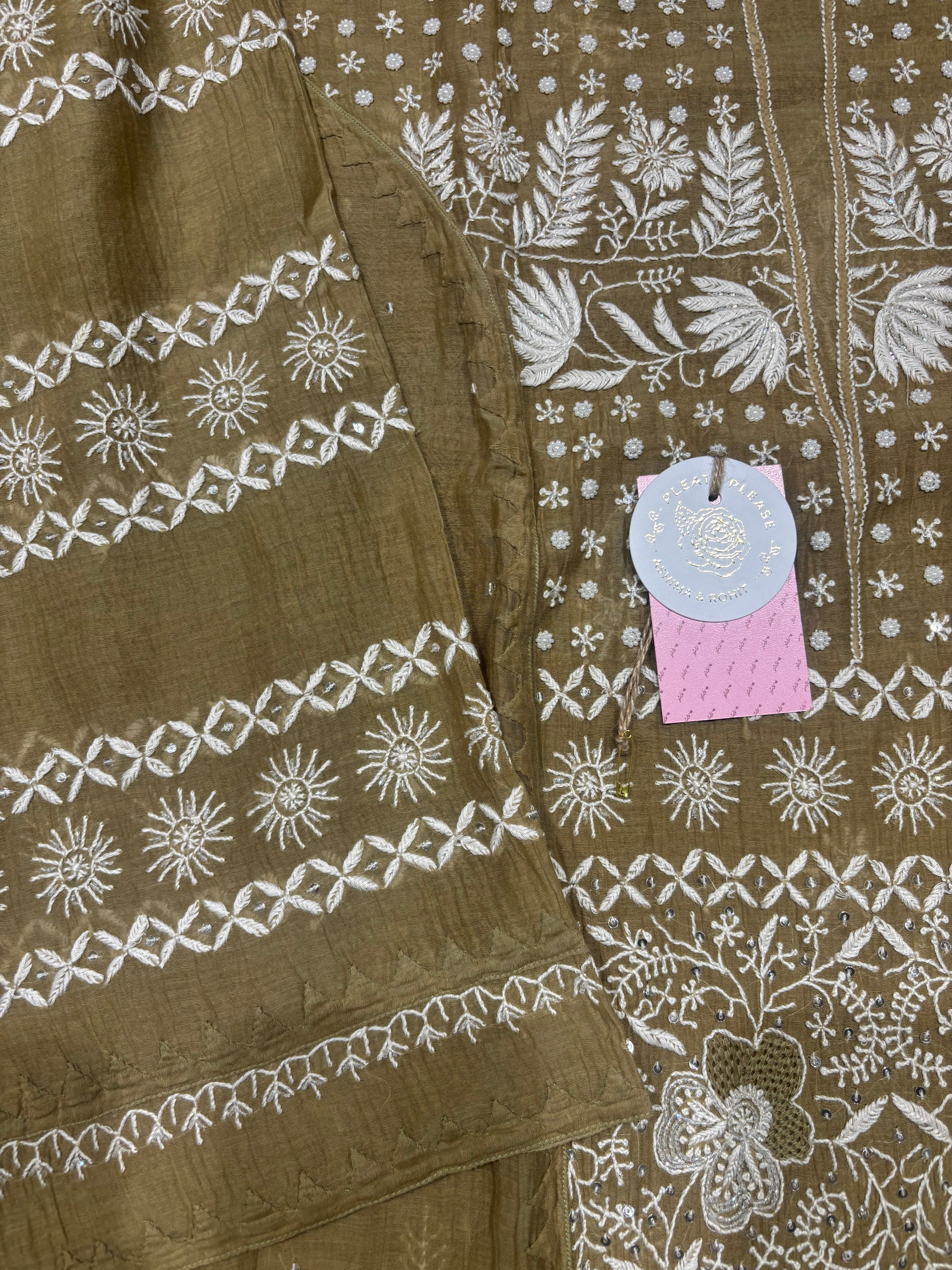 Military Green Chanderi Mul Chikankari Kurta and Dupatta Set