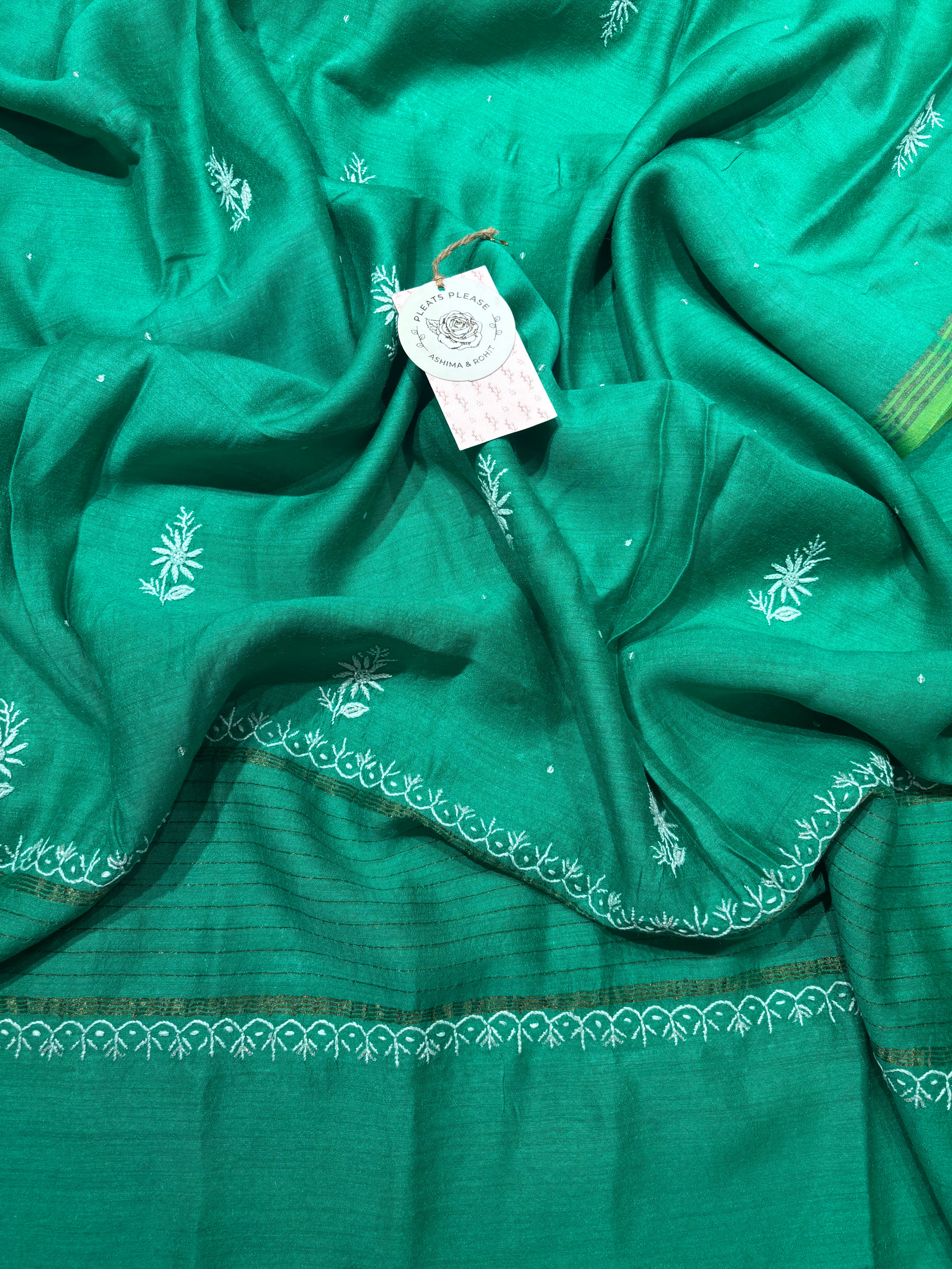 Green Monga silk Chikankari Kurta and Dupatta set