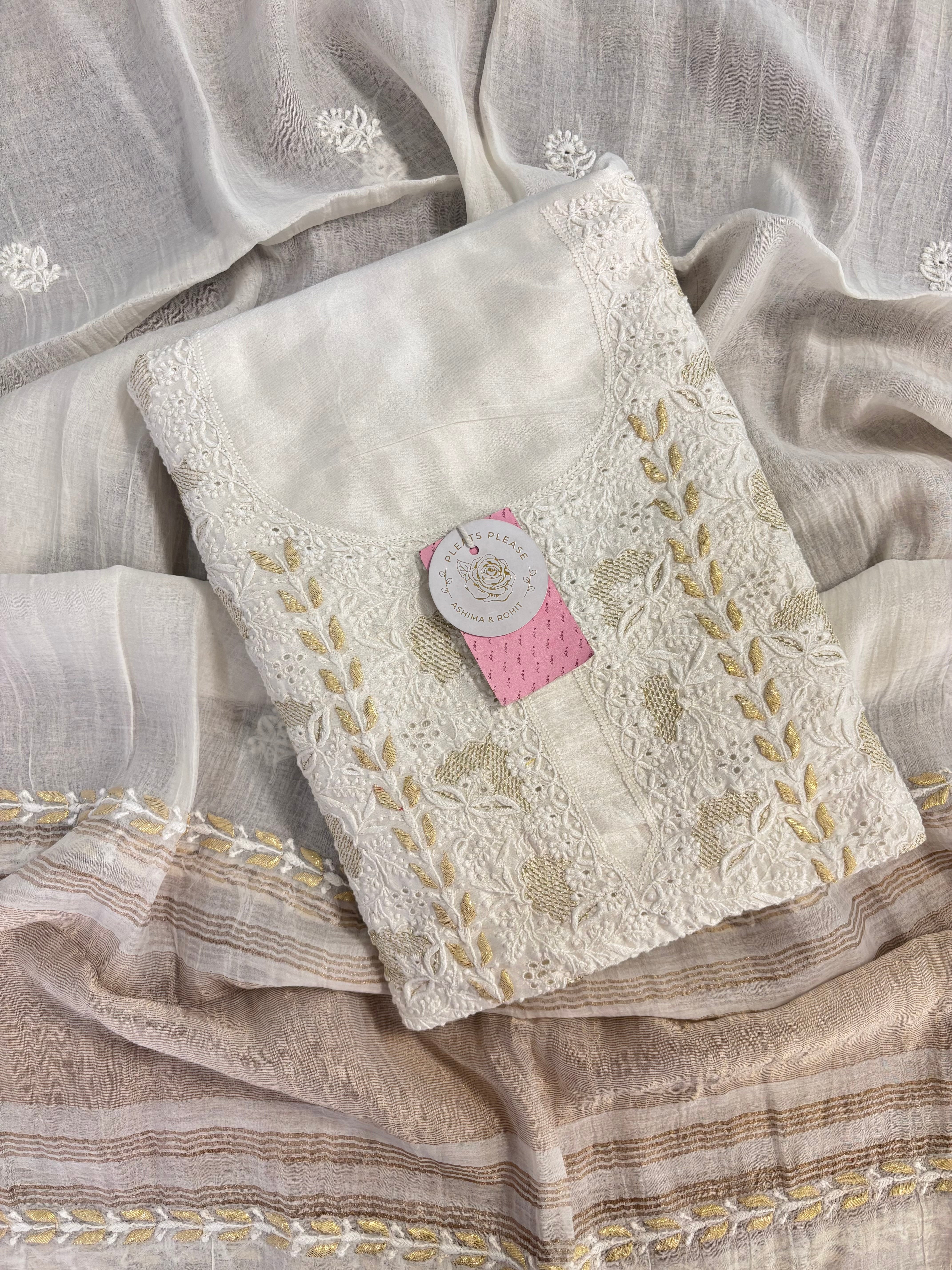 Dyeable Pure Chanderi Chikankari Kurta & Dupatta