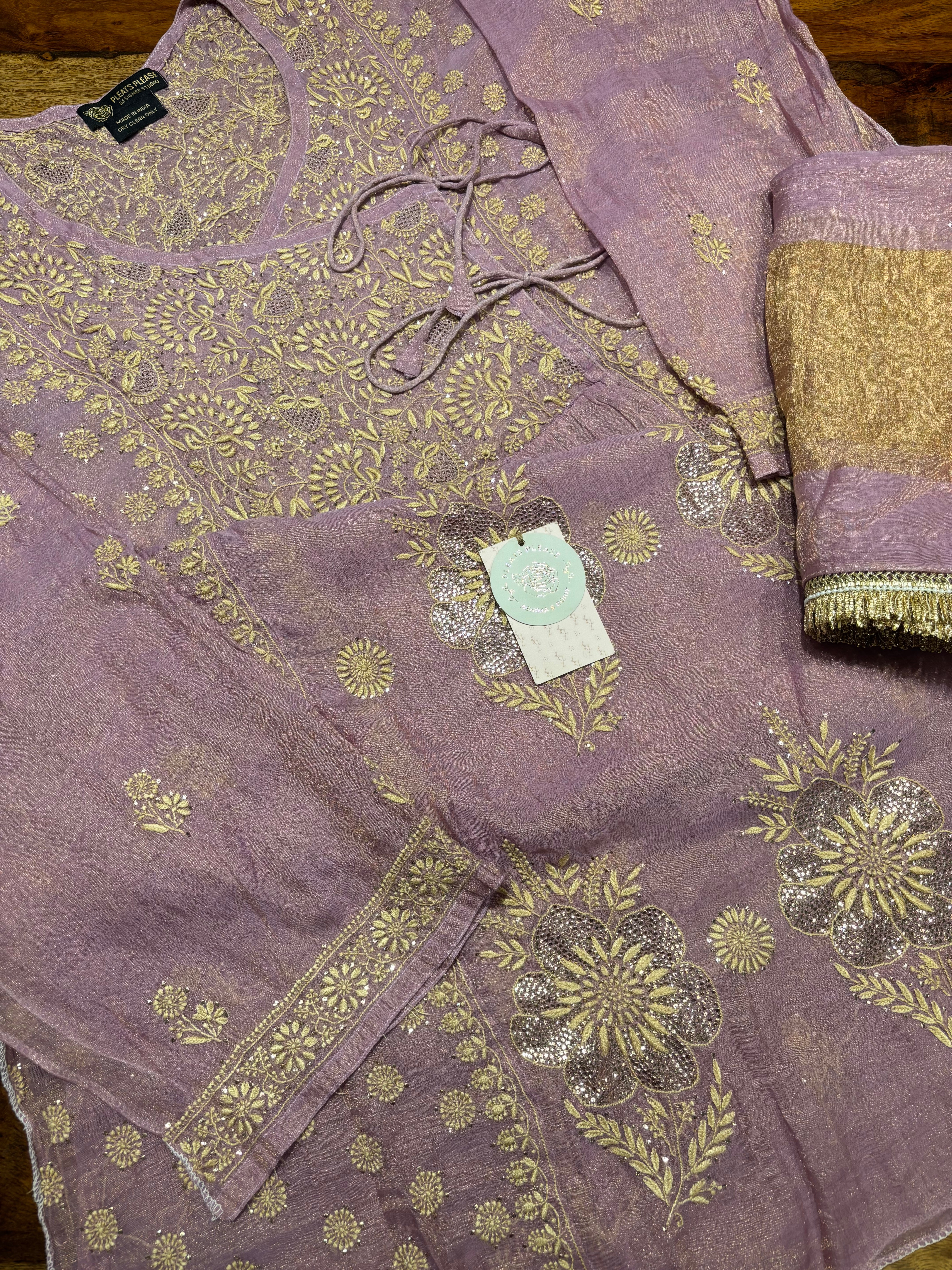 Lilac pure and premium Tissue Chikankari Angrakha Kurta and Dupatta Set