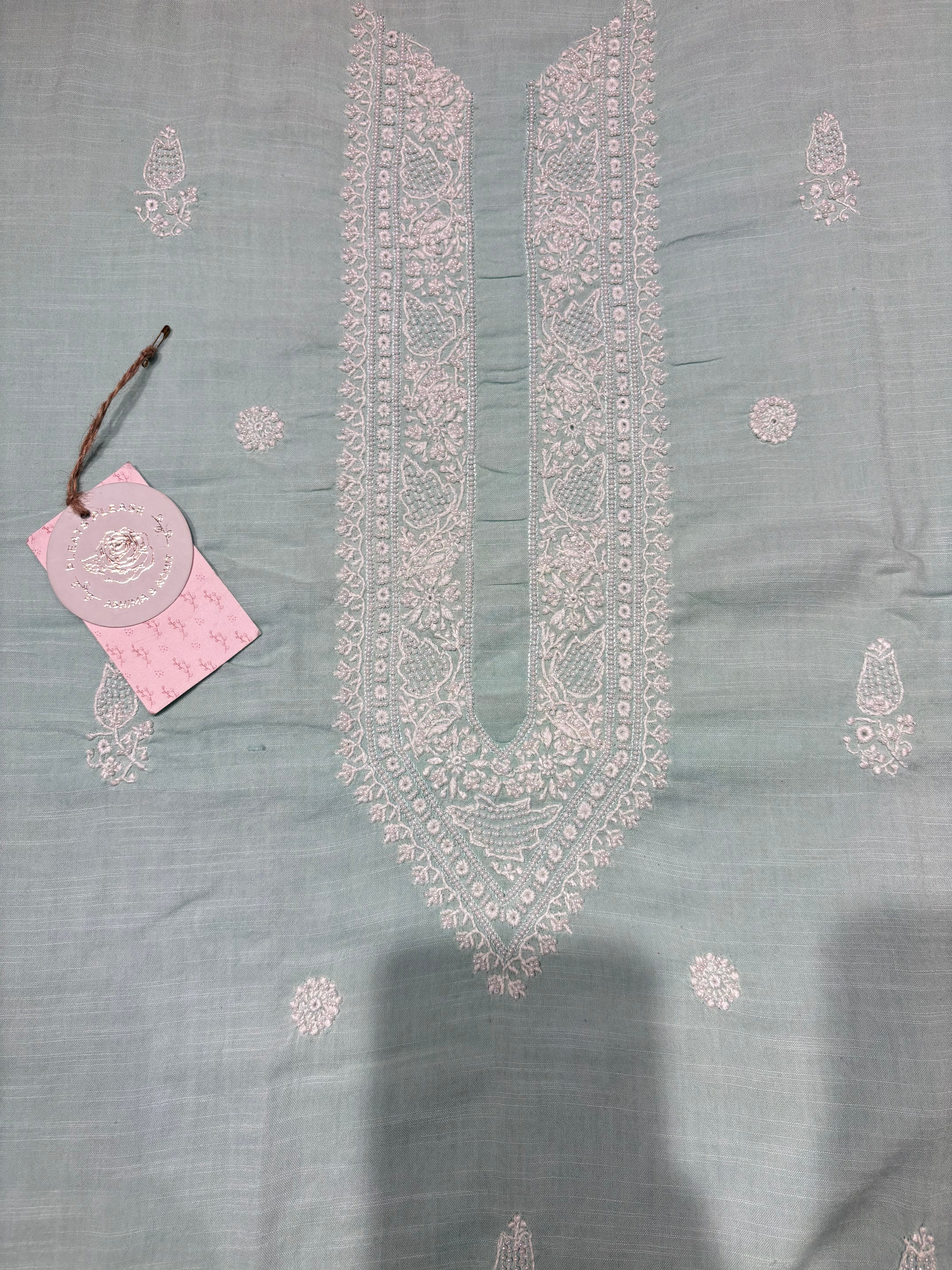 Sea foam Mul Chikankari Men's Kurta Fabric