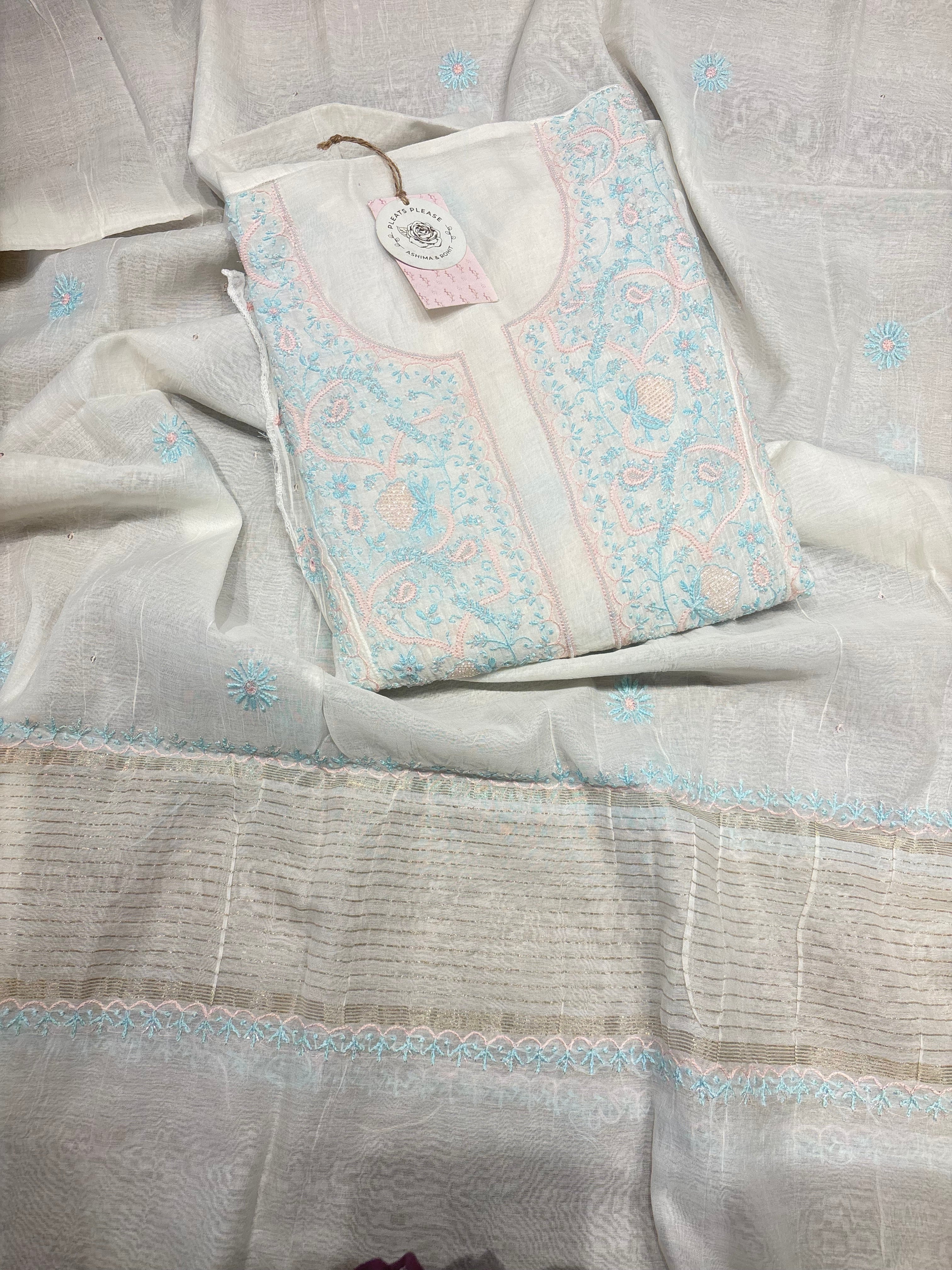 Dyeable Chanderi Mul Chikankari Kurta and Dupatta set