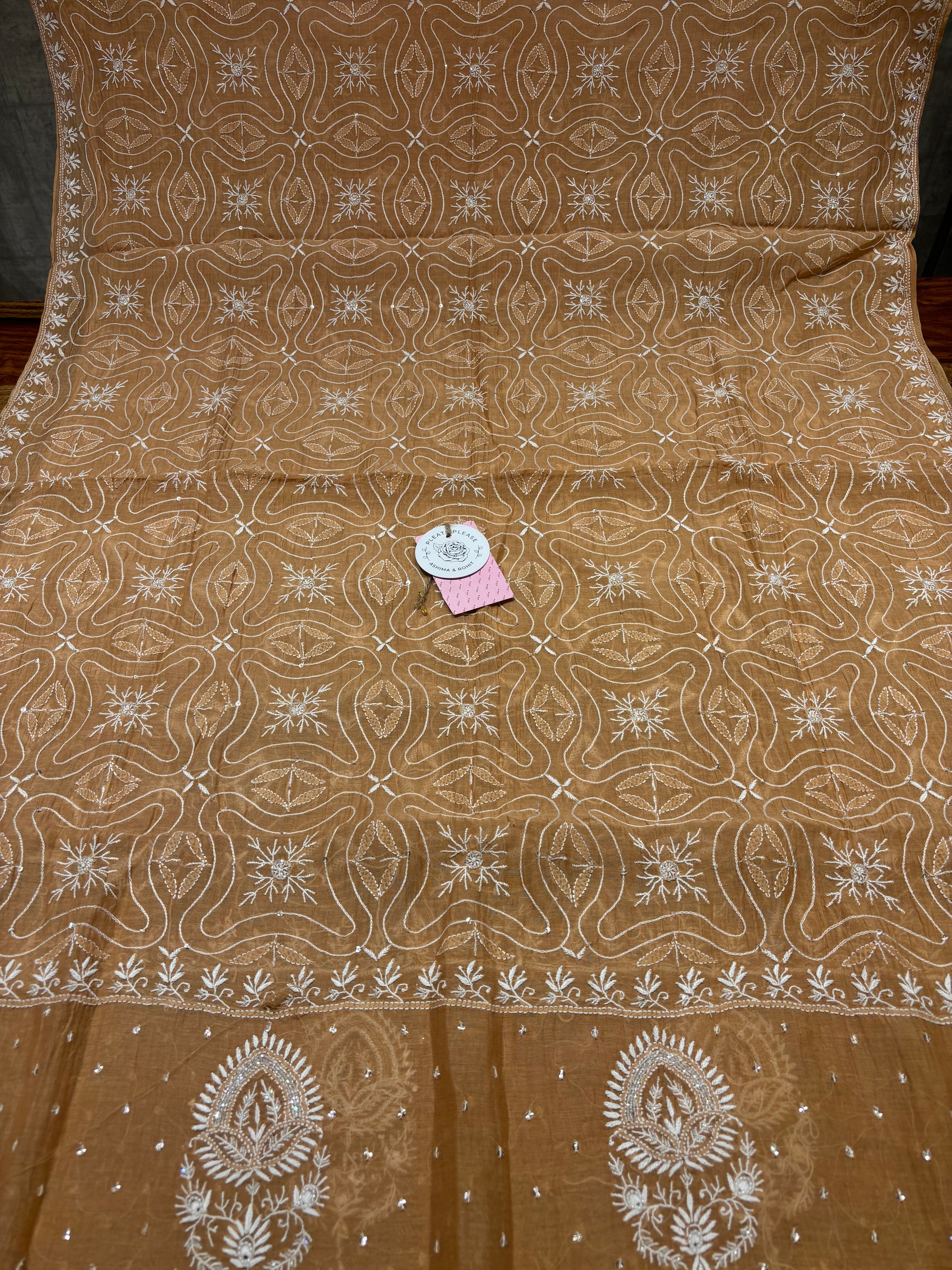 Chocolate Brown Chanderi Mul Chikankari Kurta & Dupatta Set