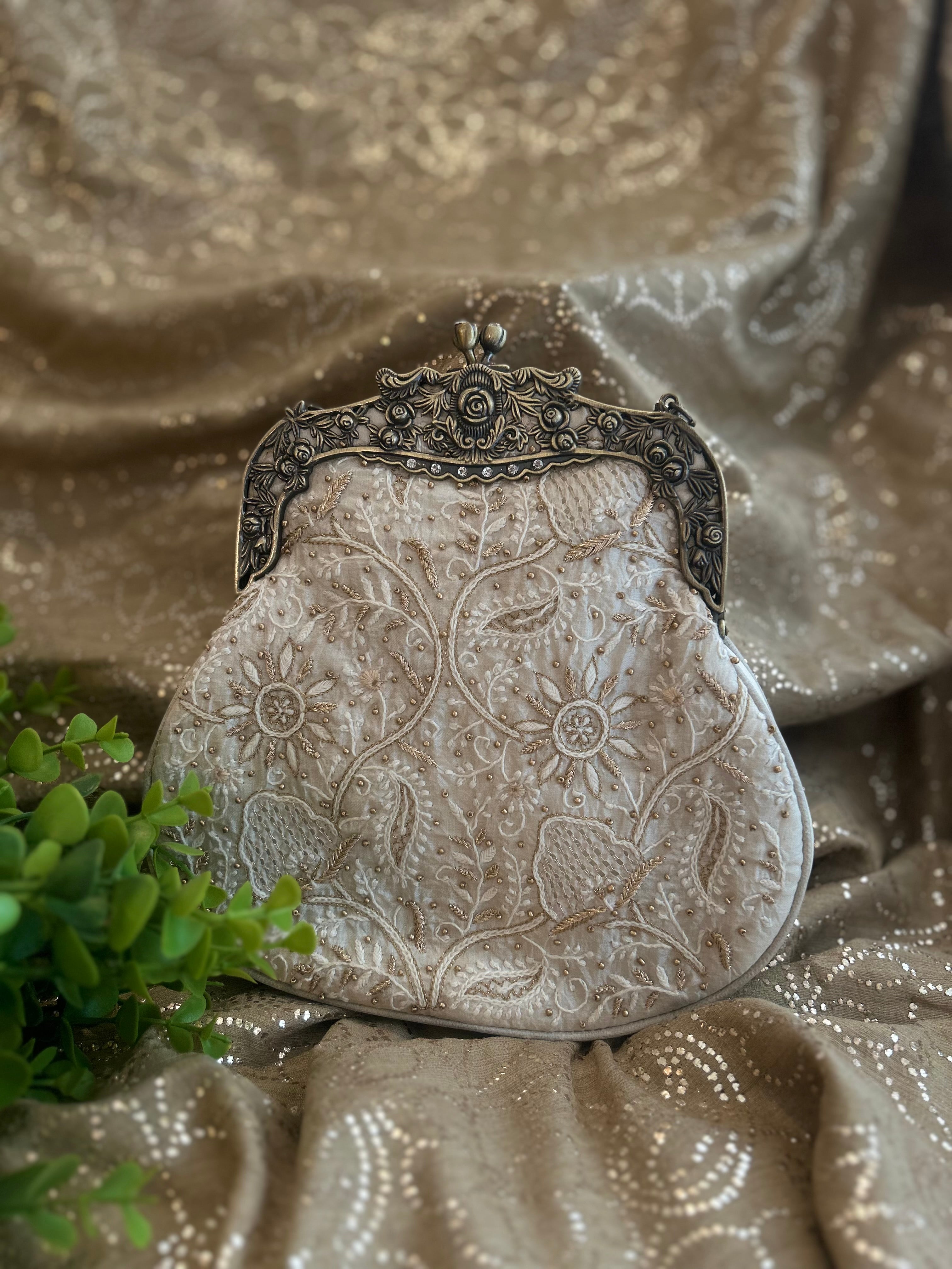 Ivory Chikankari Clutch Bag