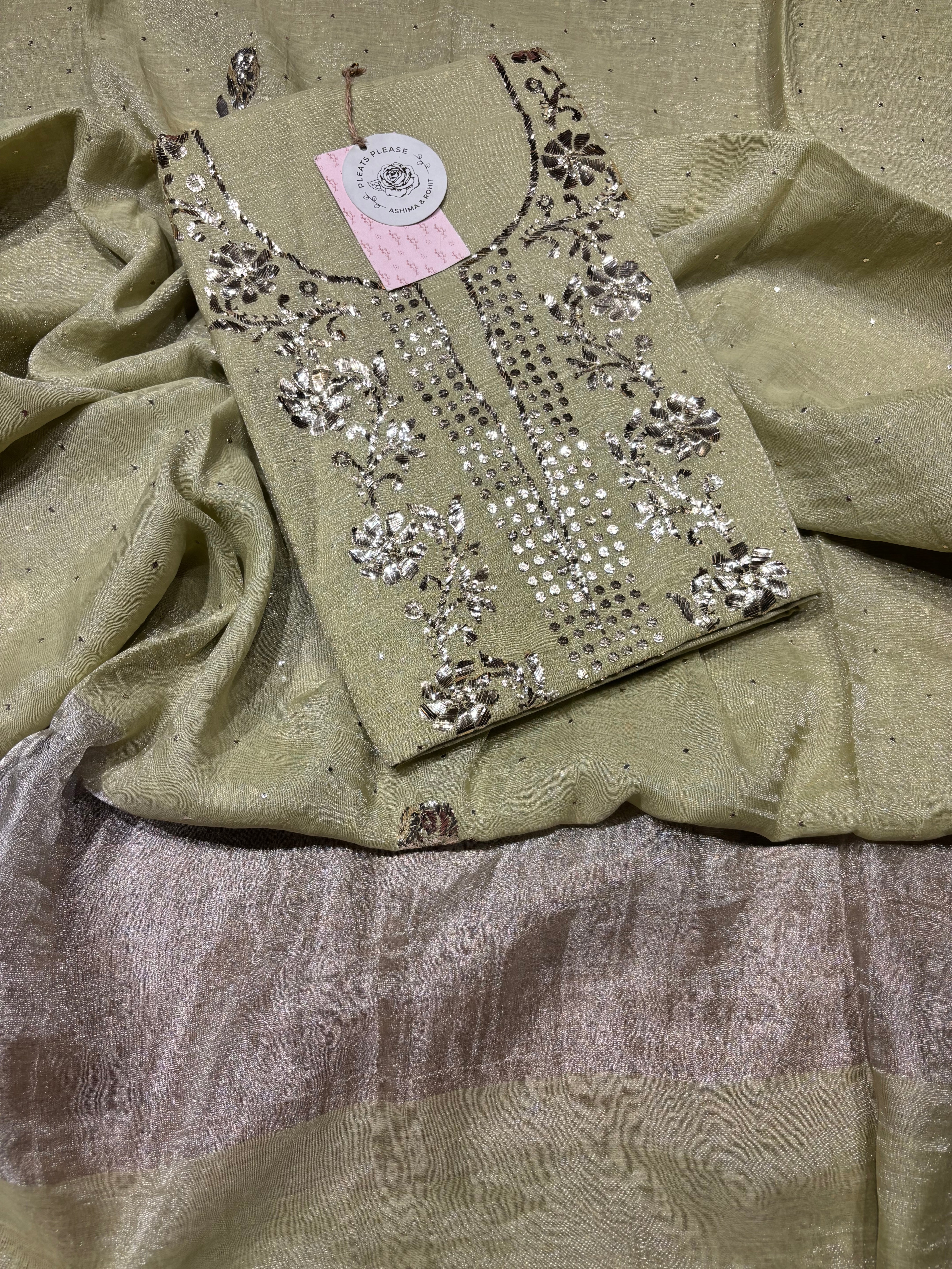 Pistachio Green Pure And Premium Tissue Mukaish Kurta And Dupatta Fabric