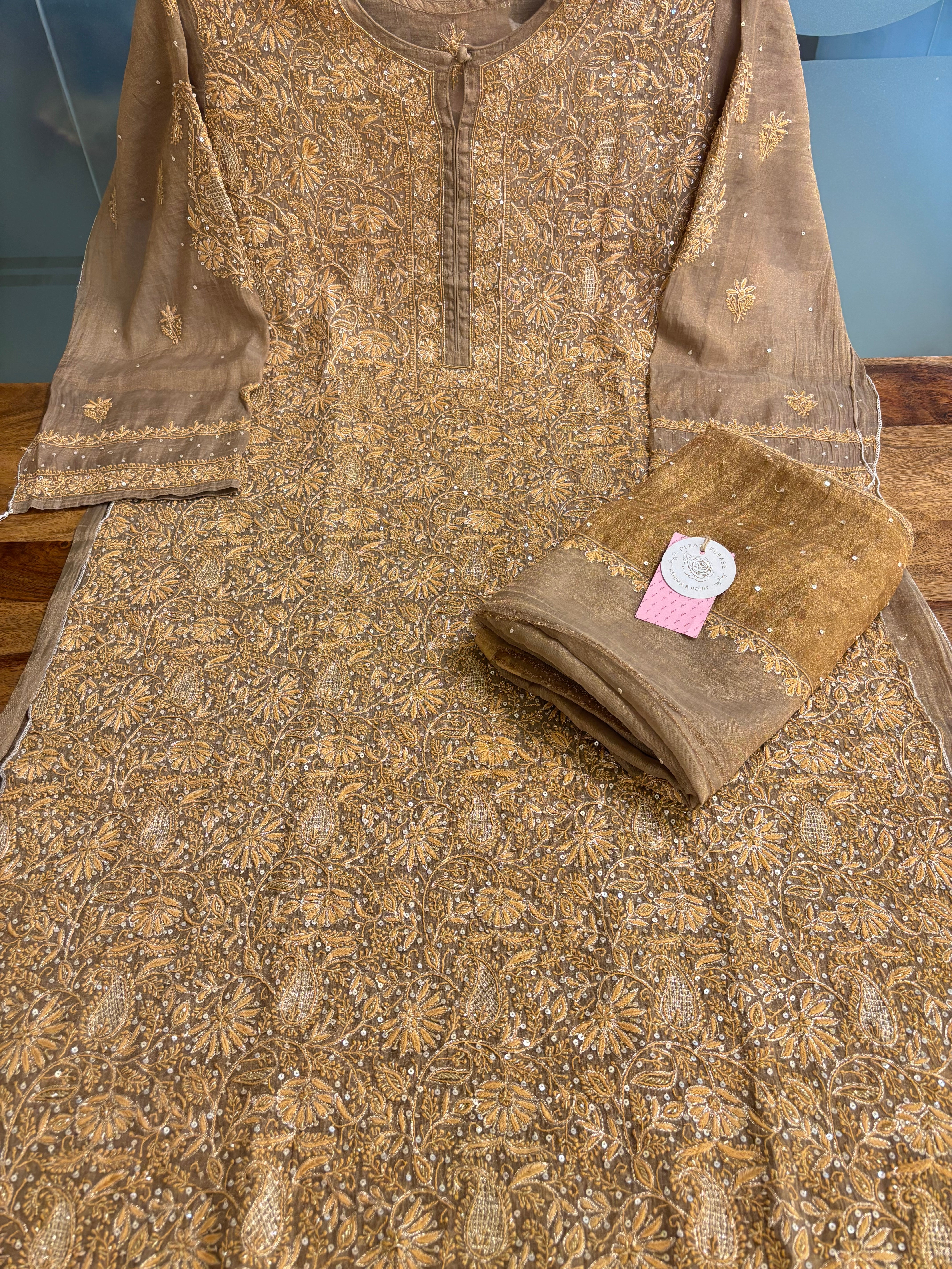 Warm Bronze Pure & Premium Tissue Chikankari Kurta & Dupatta
