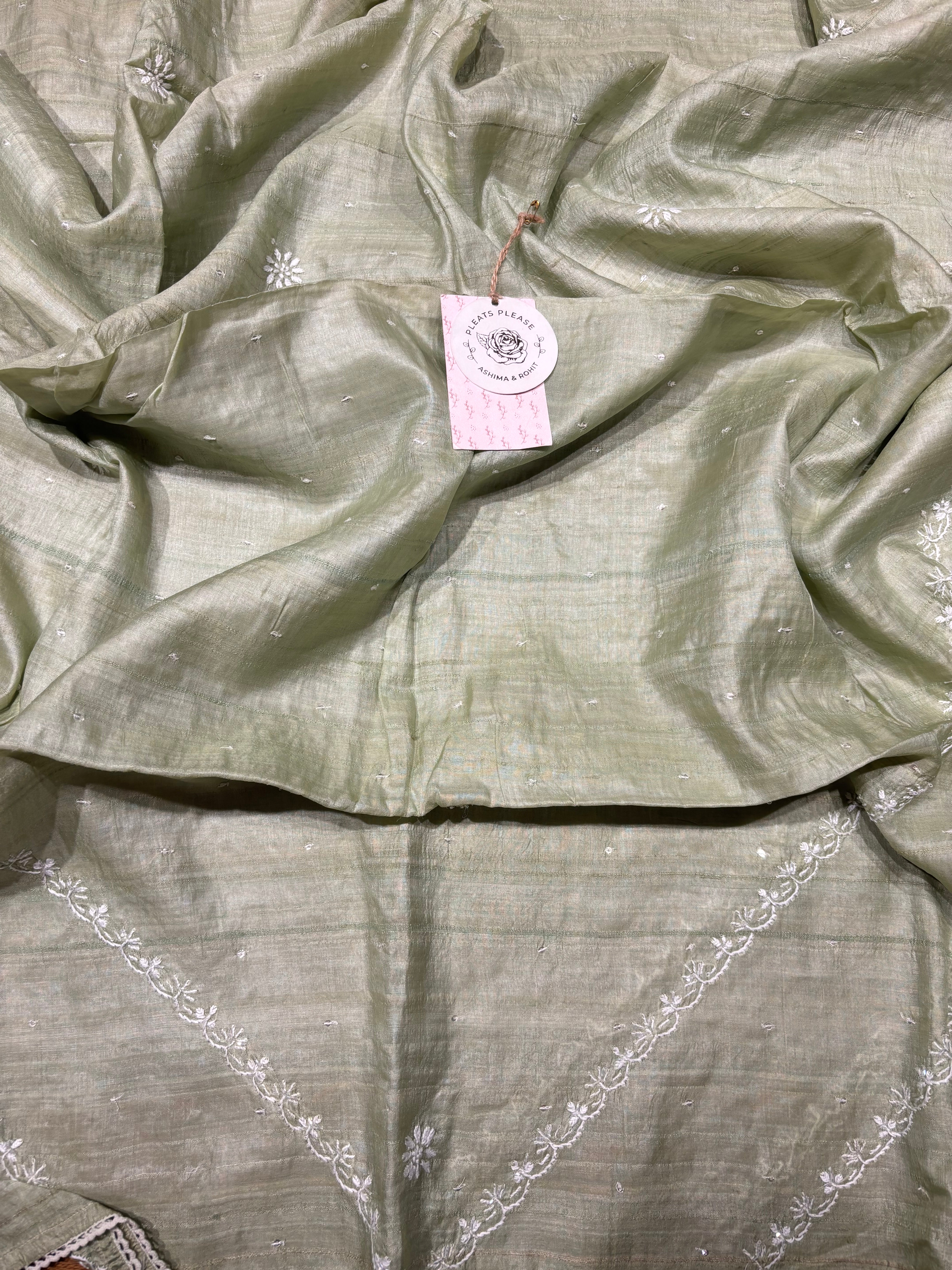 Sage Green Tussar Silk Chikankari Kurta And Dupatta Set