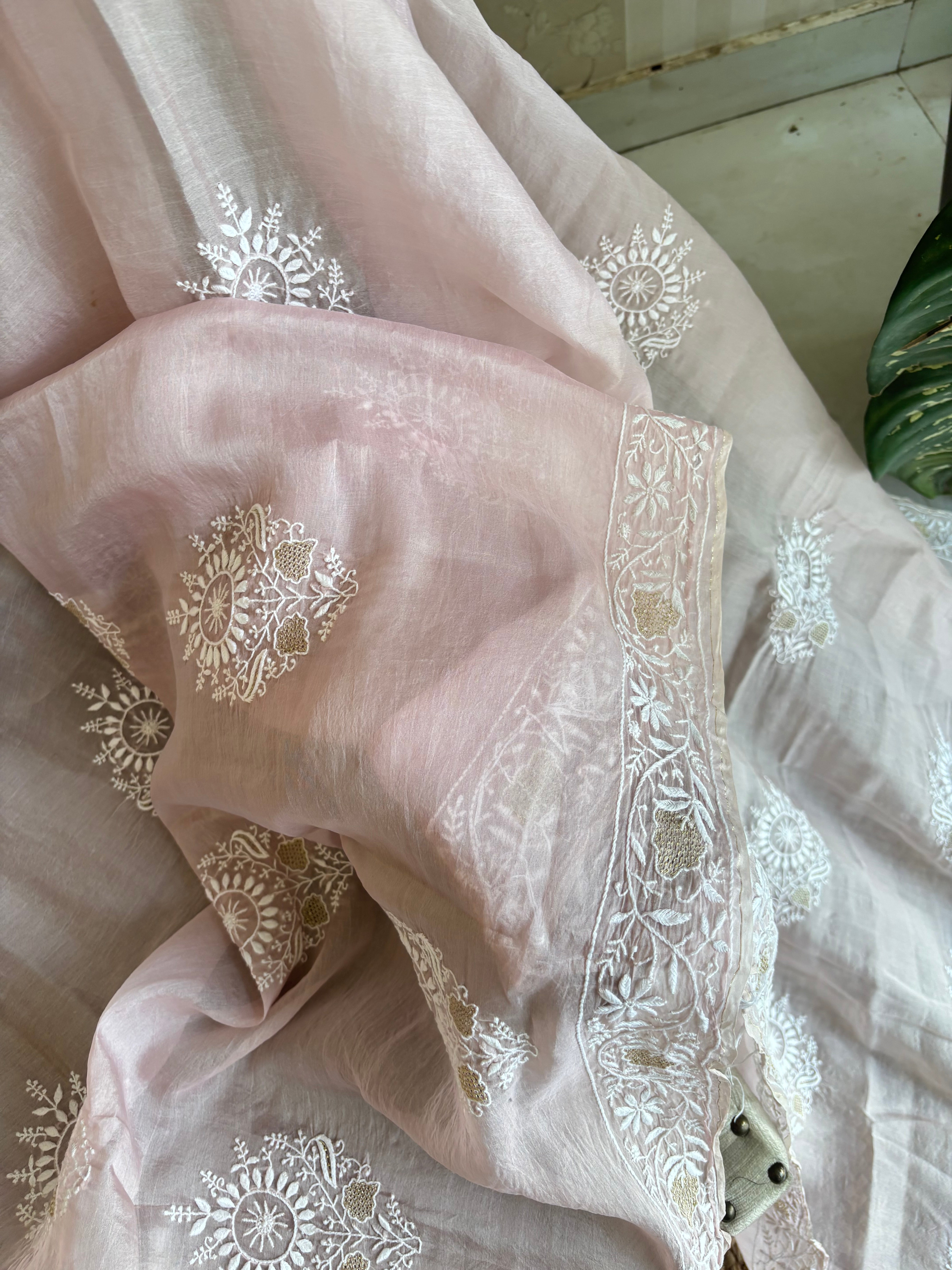 Barely Pink Organza Silk  Only Chikankari Saree and Blouse