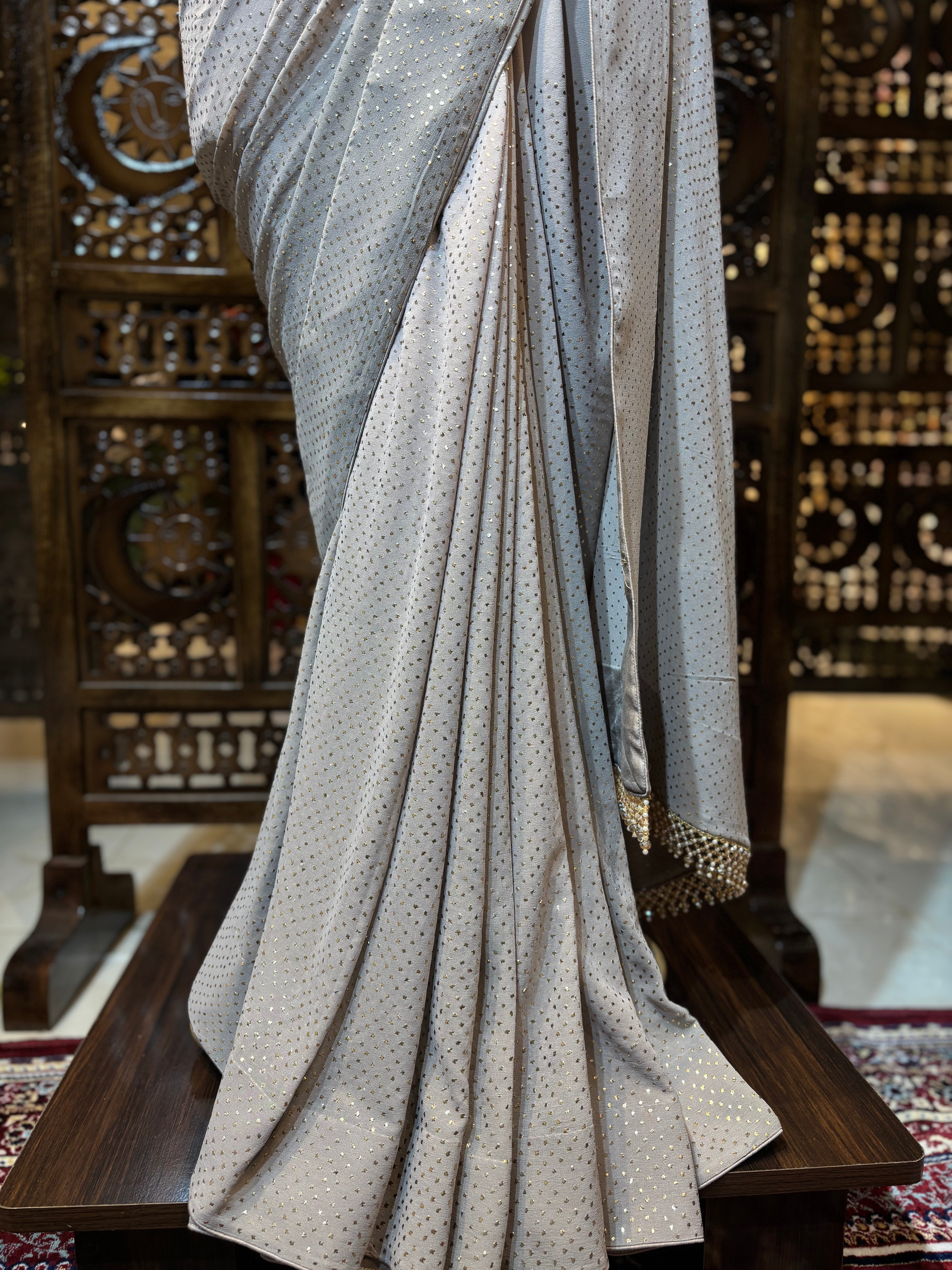 Hazelnut Ombre Pure & Premium Georgette Mukaish Saree & Blouse - Pleats PleaseChikankari