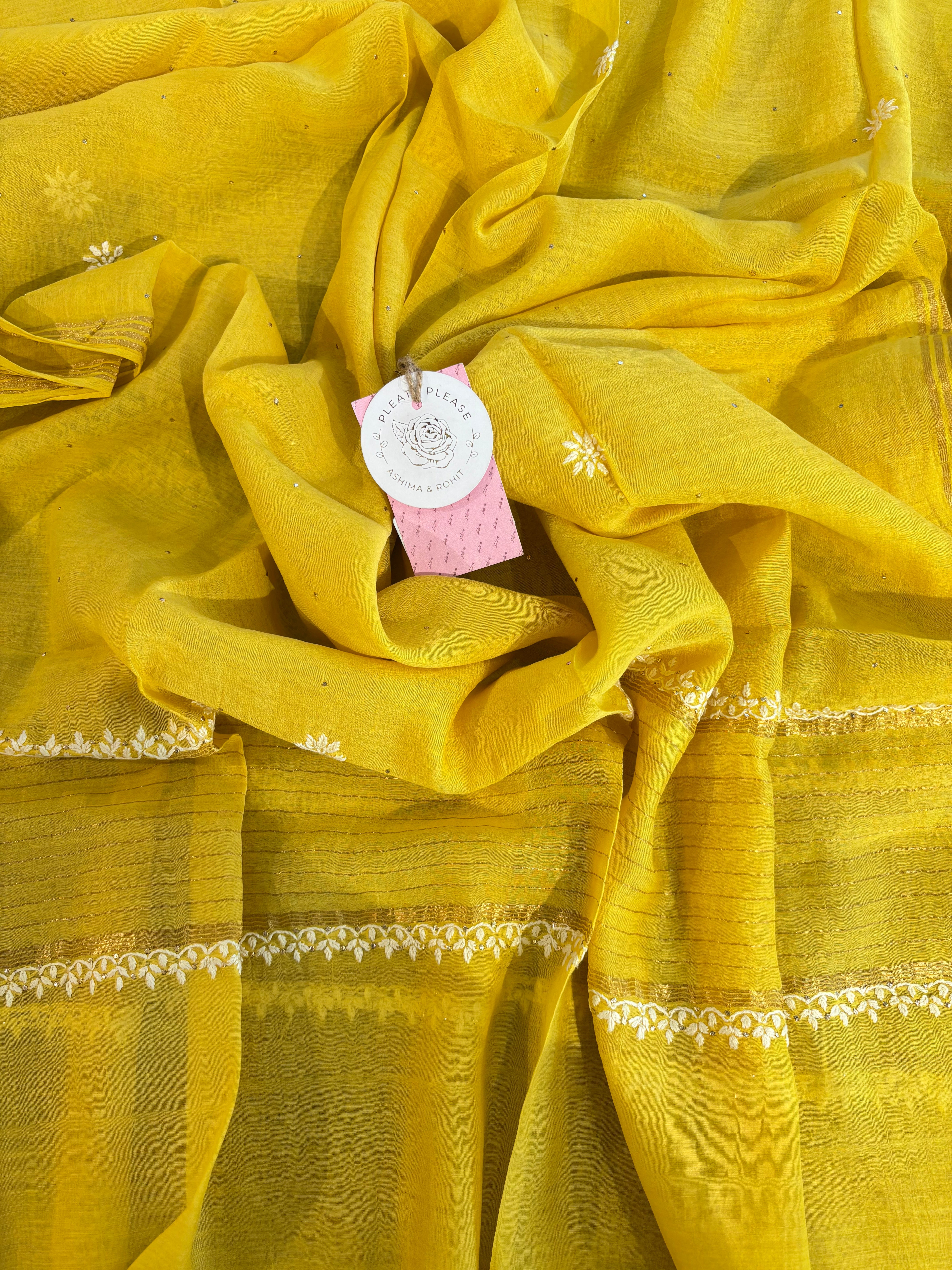 Yellow Chanderi Chikankari Mukaish Kurta, Dupatta & Sharara Set