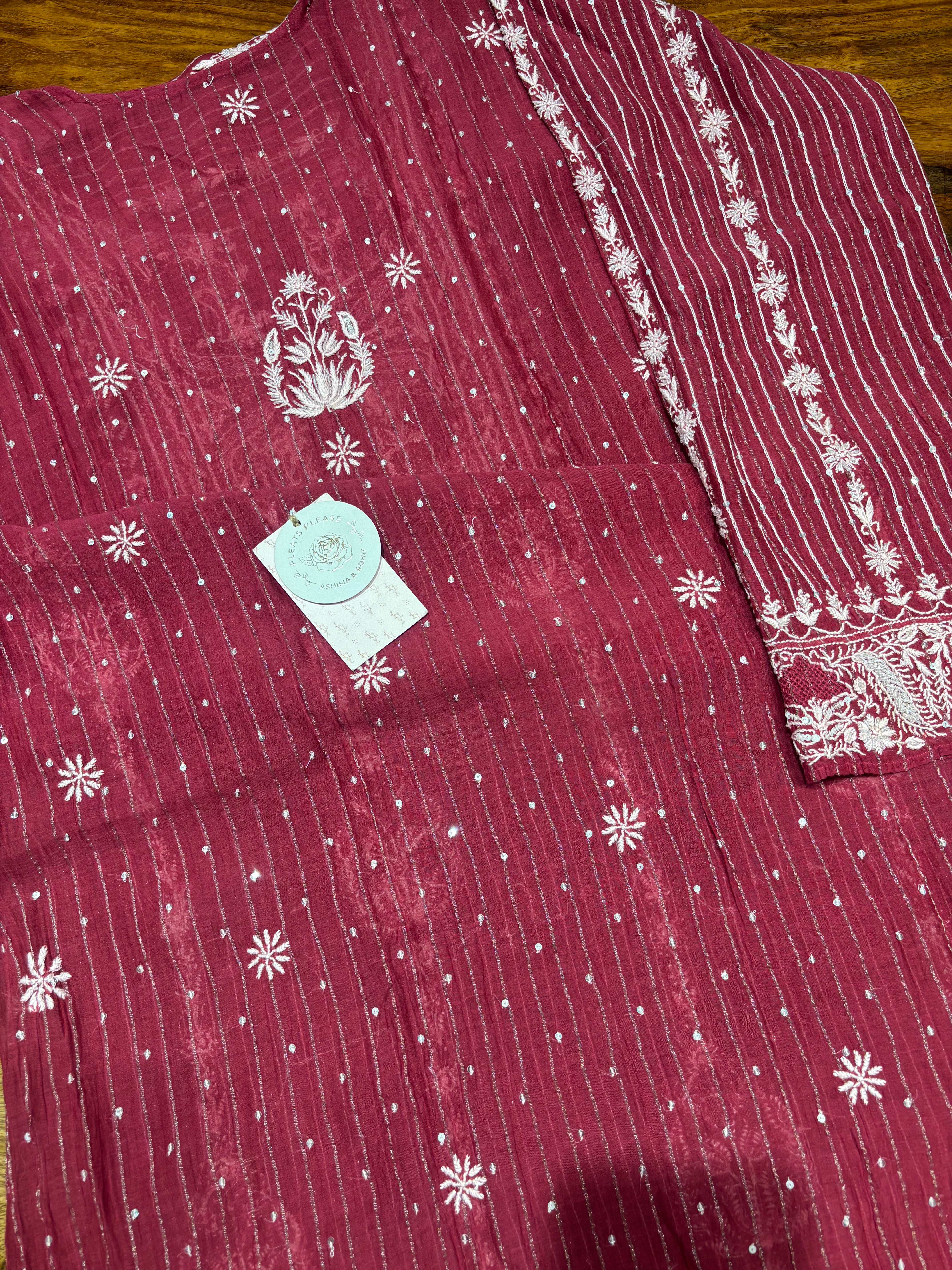 Beetroot Red Chanderi Mul Chikankari Kurta & Dupatta Set