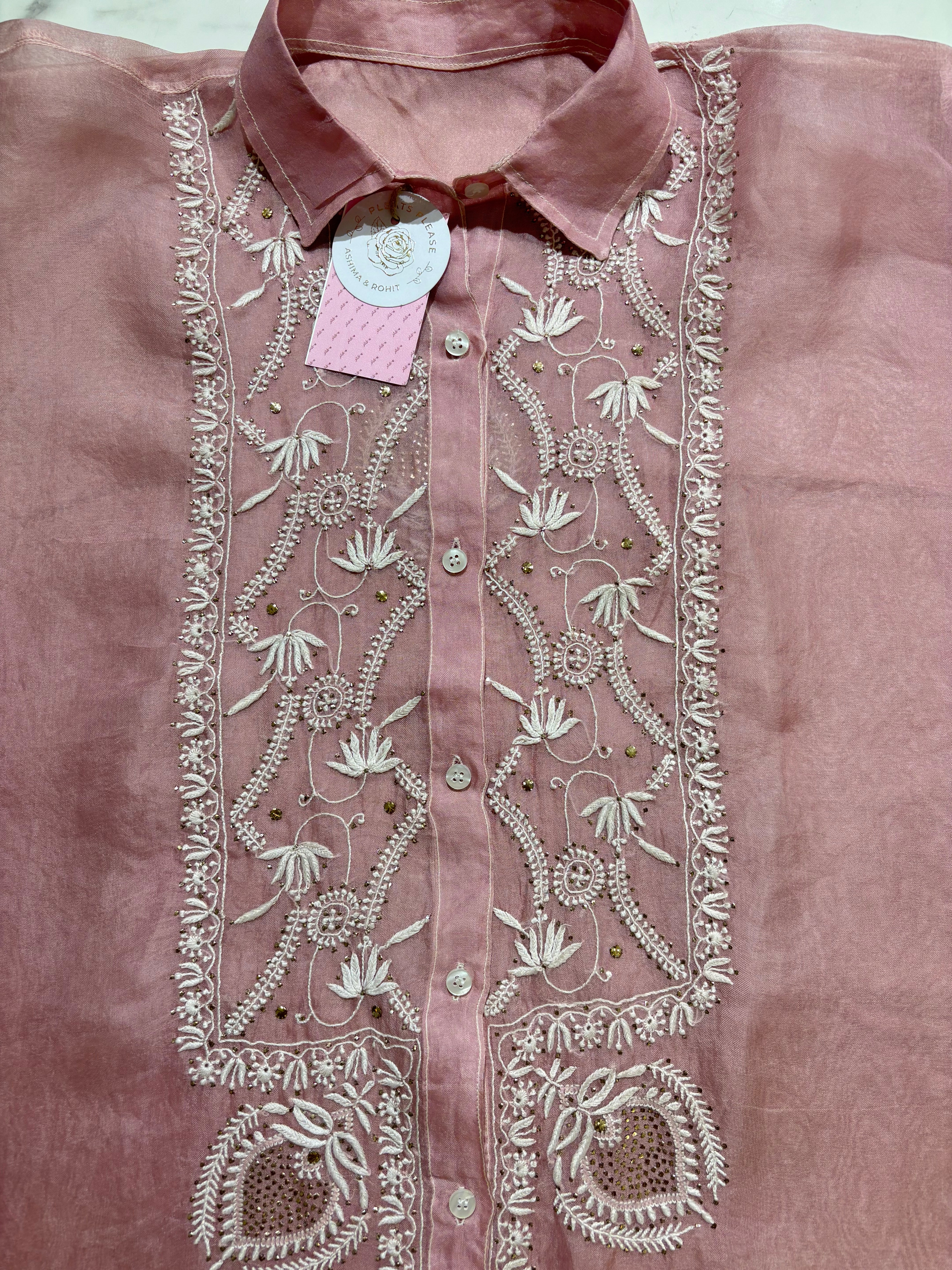 Blush Pink Pure Organza Chikankari Shirt
