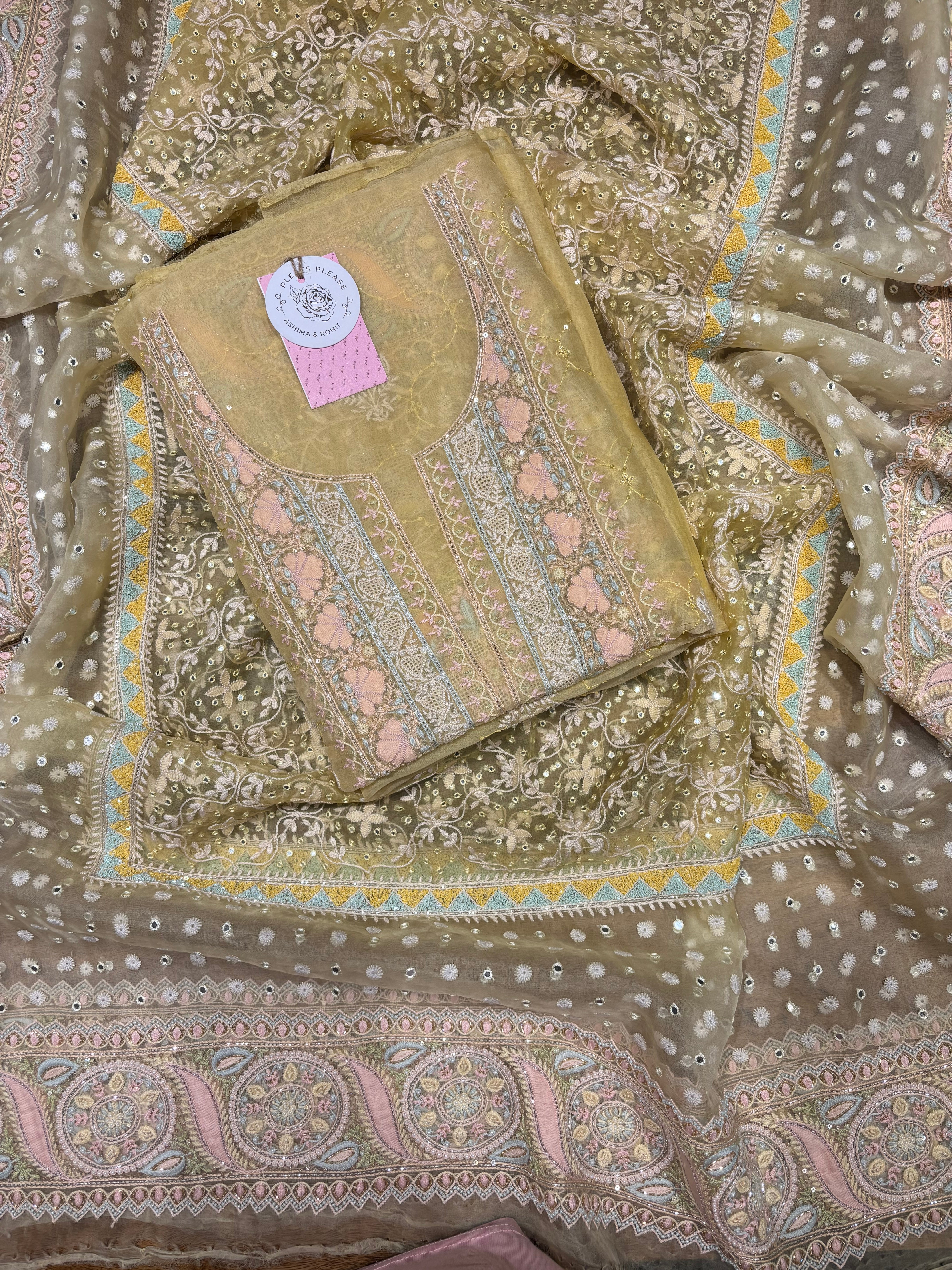 Butter Yellow Pure & Premium Organza Silk Chikankari Kurta & Dupatta Set