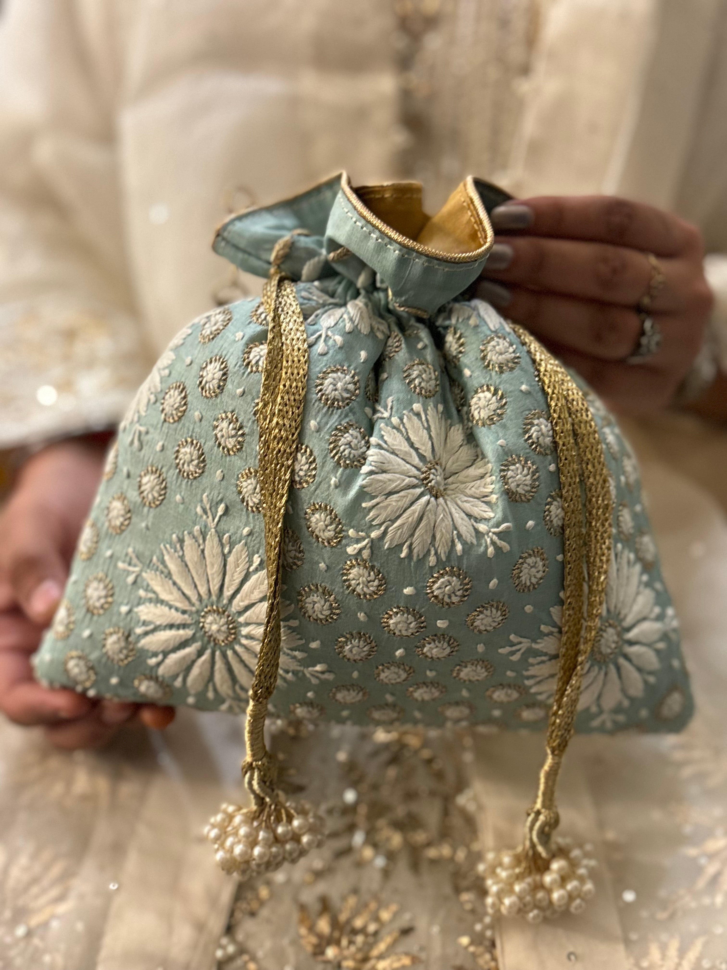 Sea Foam Chikankari Potli