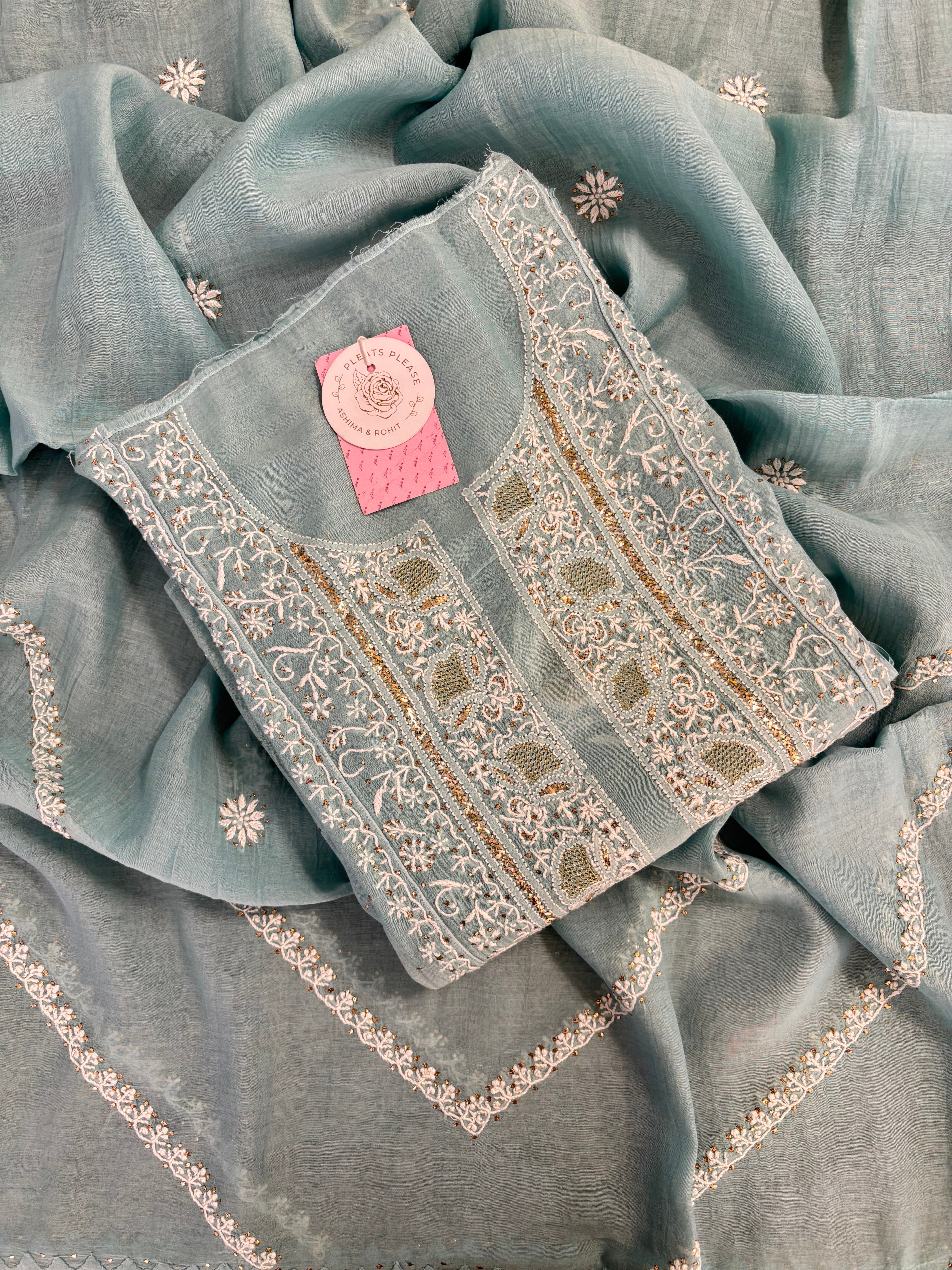 Aqua Blue Chanderi Mul Mukaish & Chikankari Kurta & Dupatta