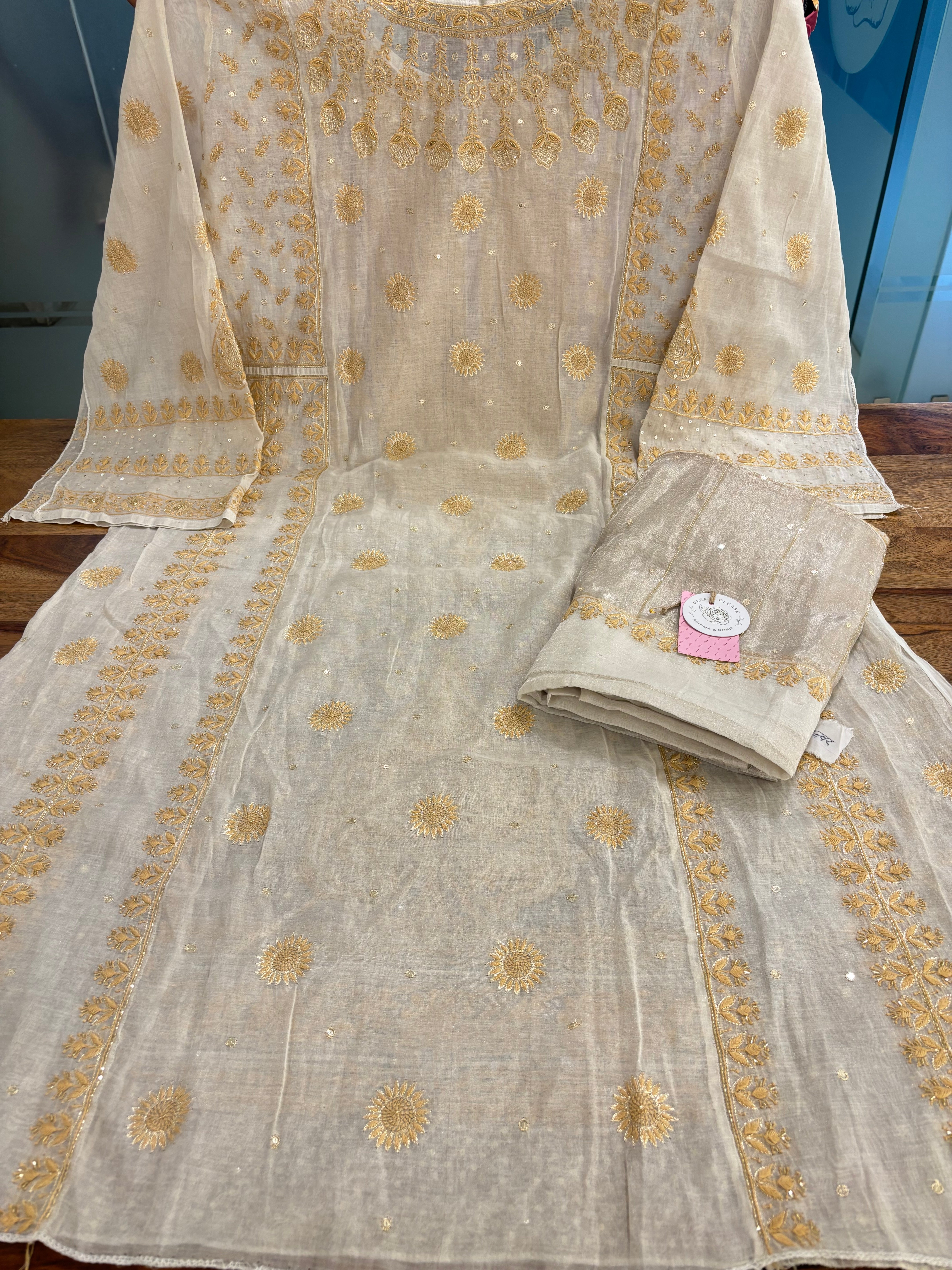 Dyeable Ivory Silver Pure & Premium Tissue Chikankari Kurta & Dupatta