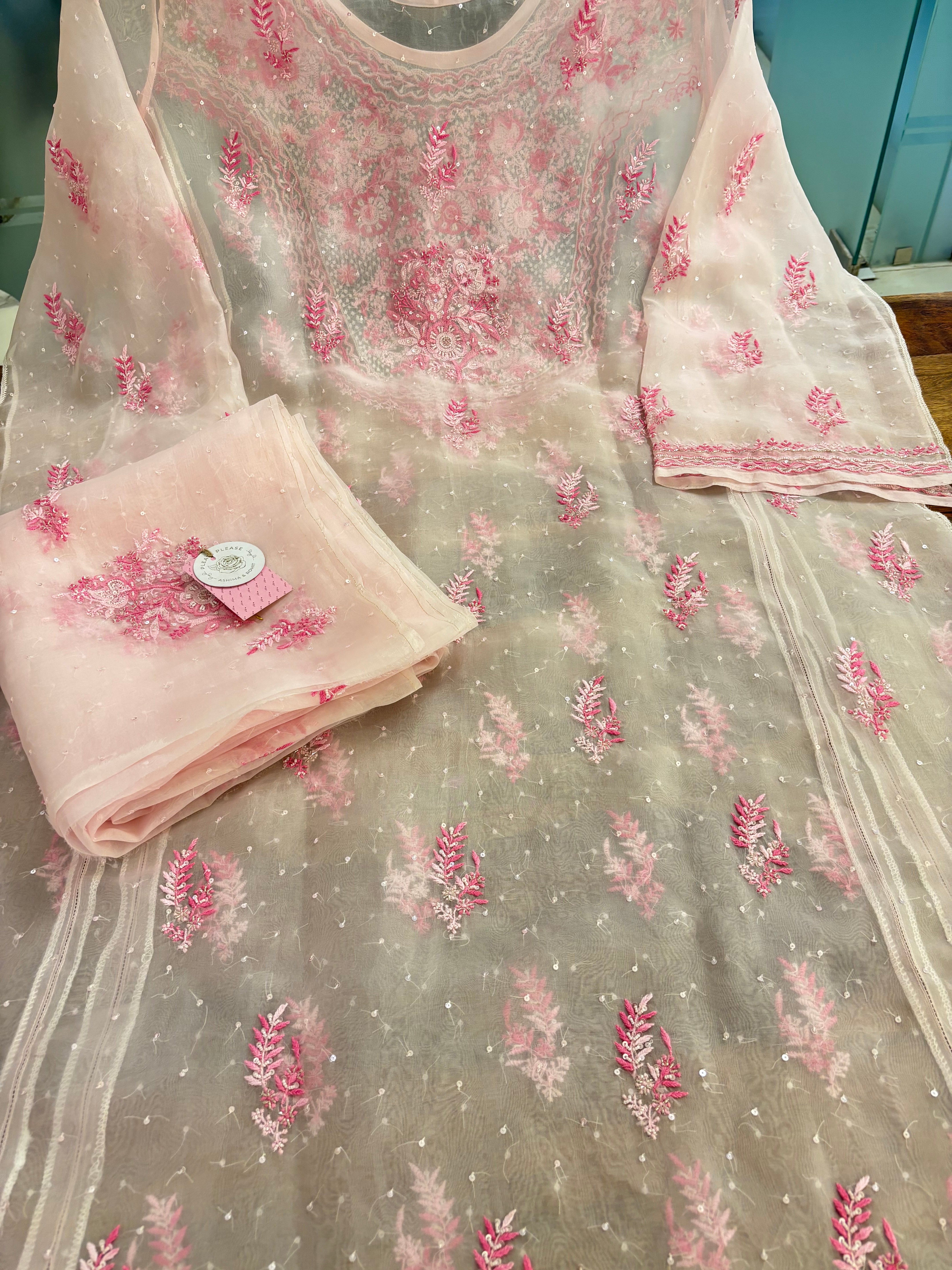 Baby Pink Organza Chikankari A-Line Kurta & Dupatta