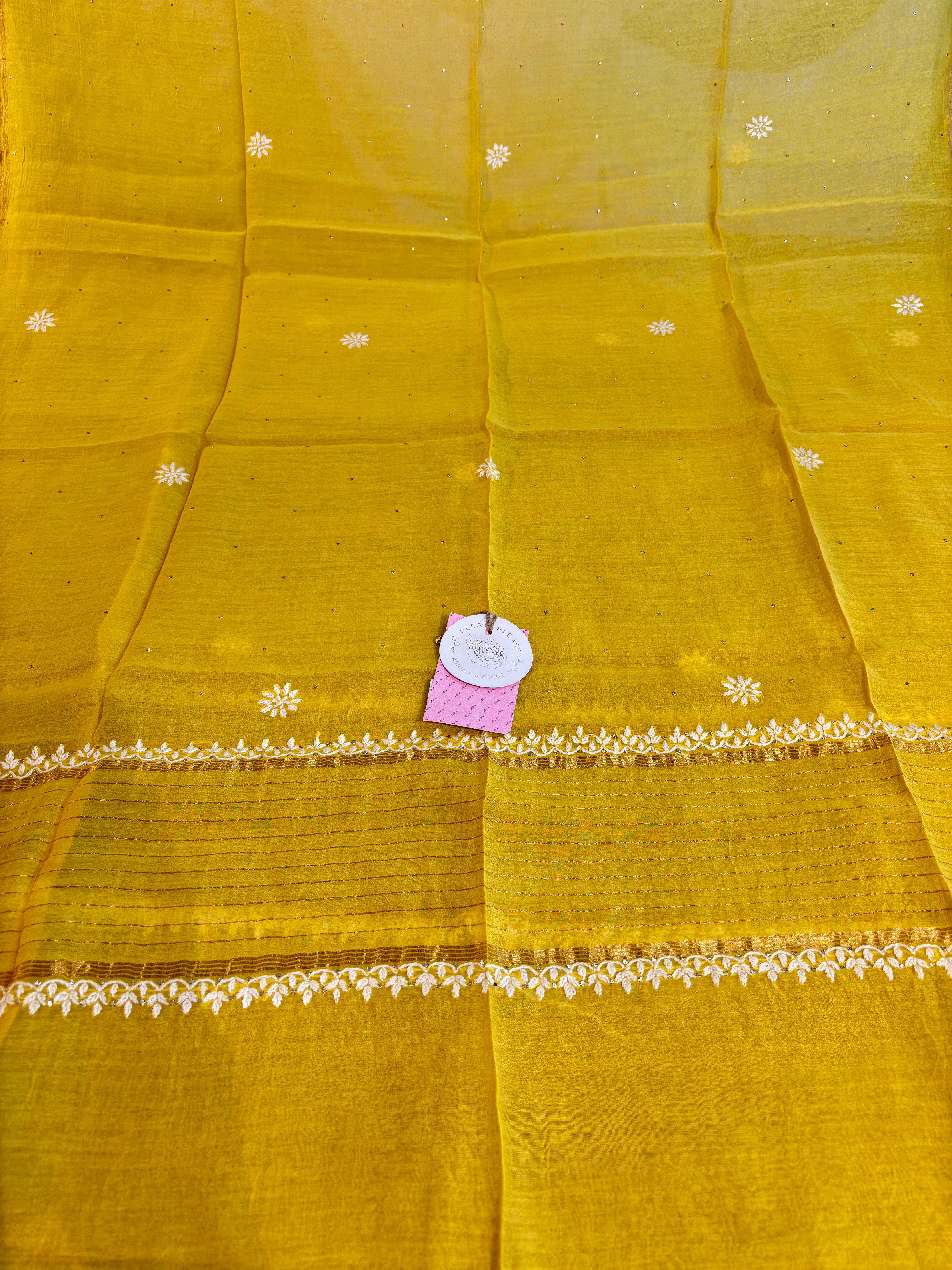 Yellow Chanderi Chikankari Mukaish Kurta, Dupatta & Sharara Set
