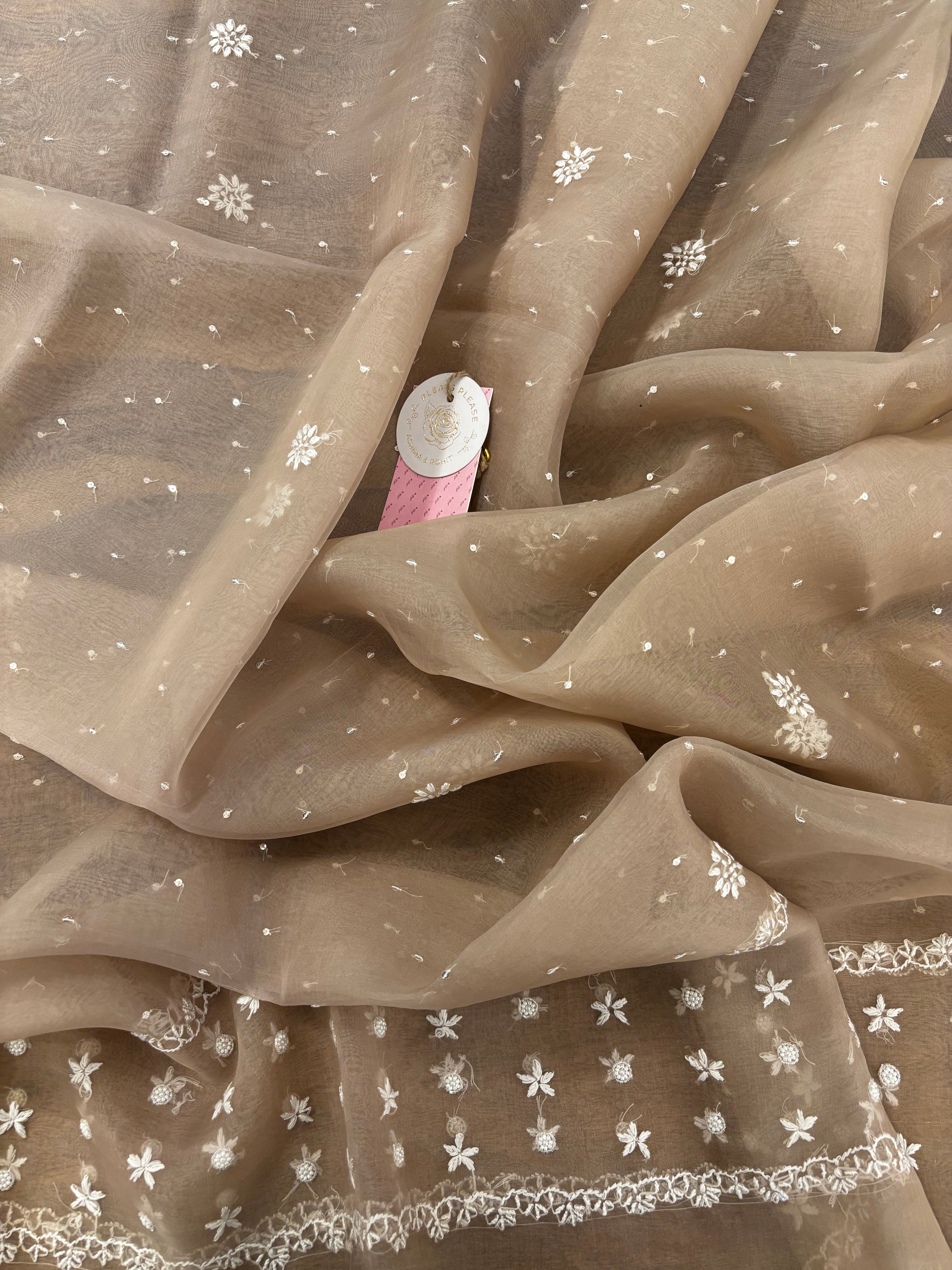 Mocha Brown Pure Organza Chikankari Kurta & Dupatta - Pleats PleaseChikankari
