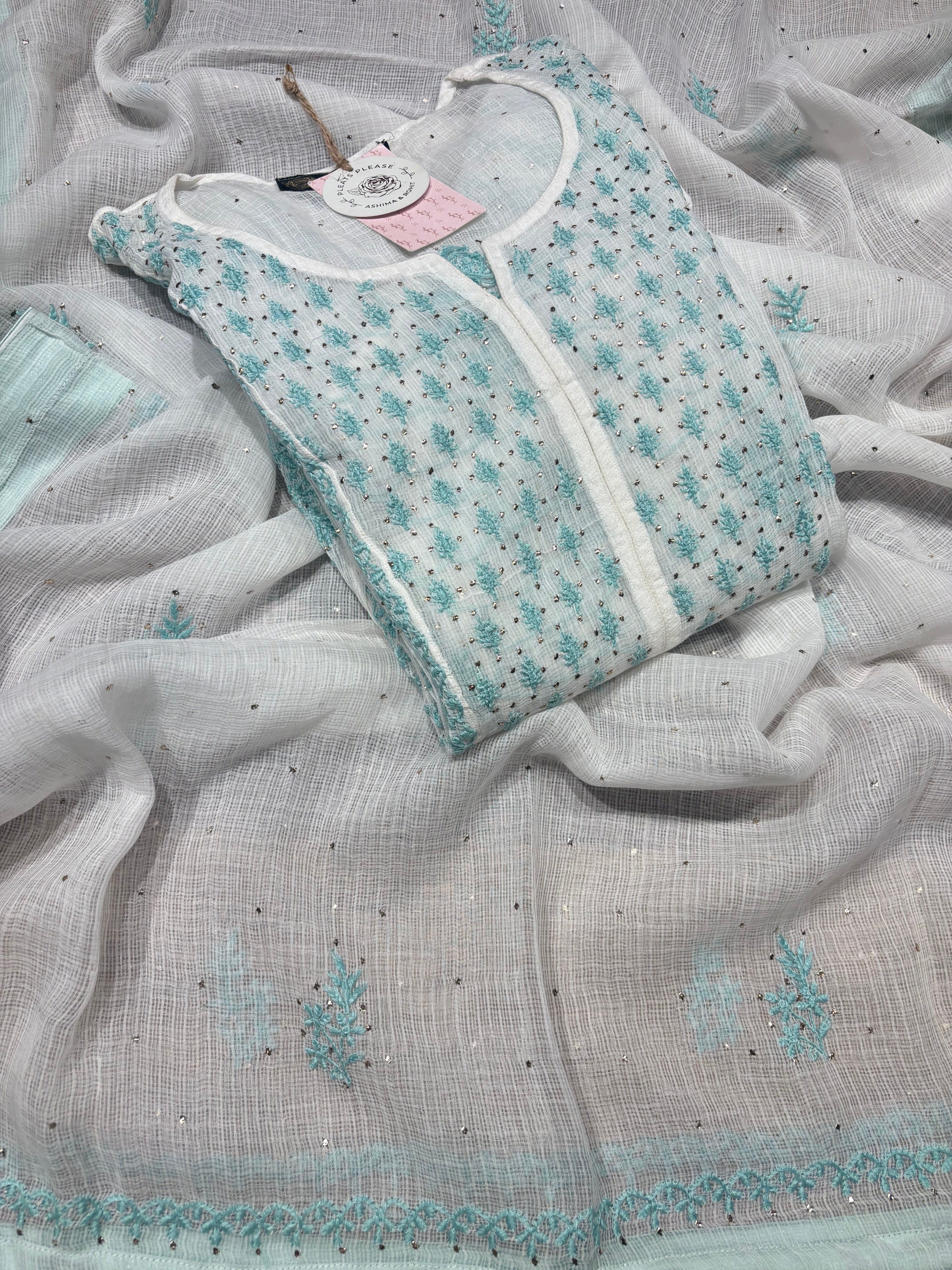 Dyeable Kota Doria Chikankari Kurta And Dupatta Set