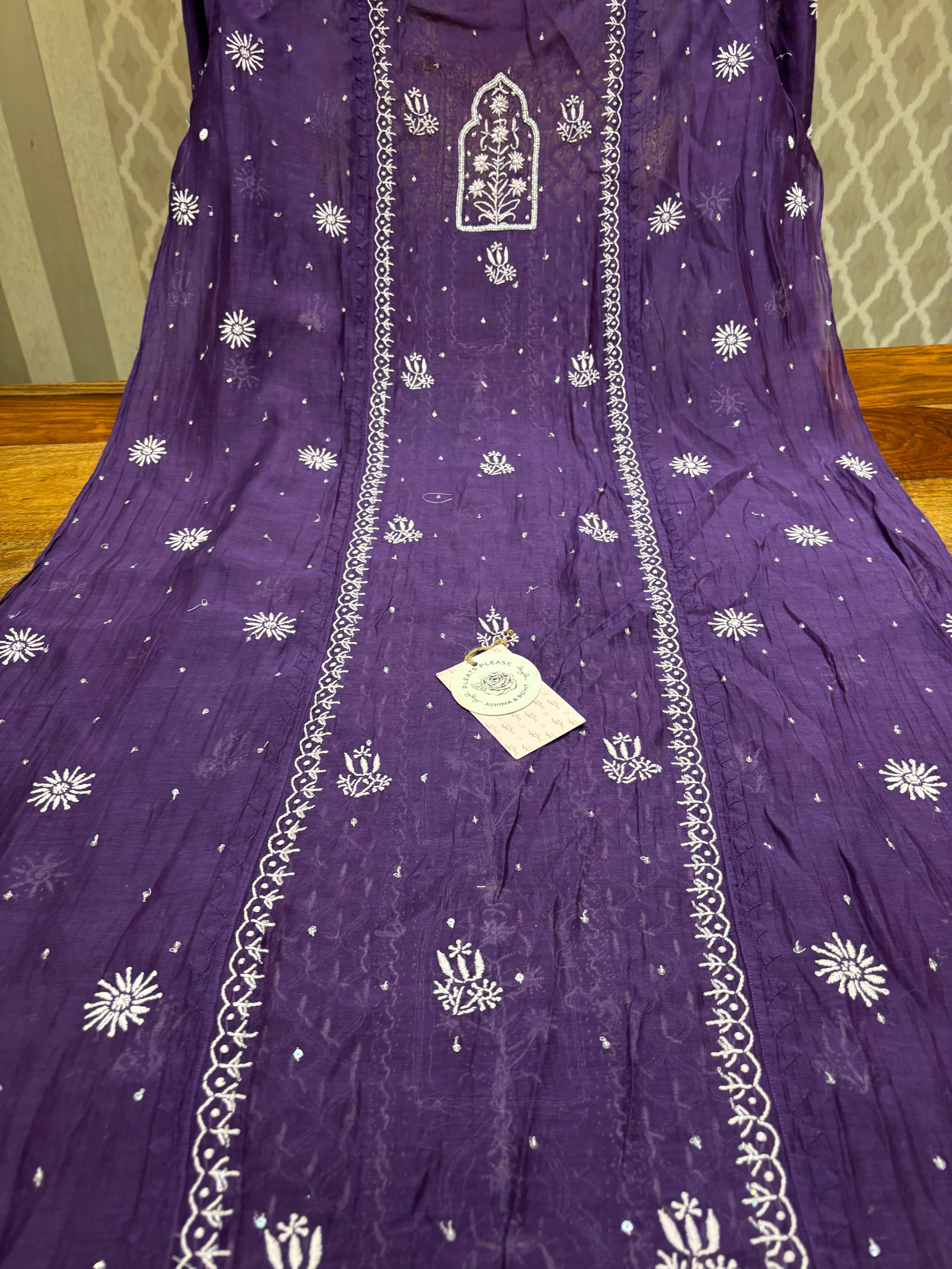 Aubergine Bloom Chanderi Mul Chikankari Kurta And Dupatta Set