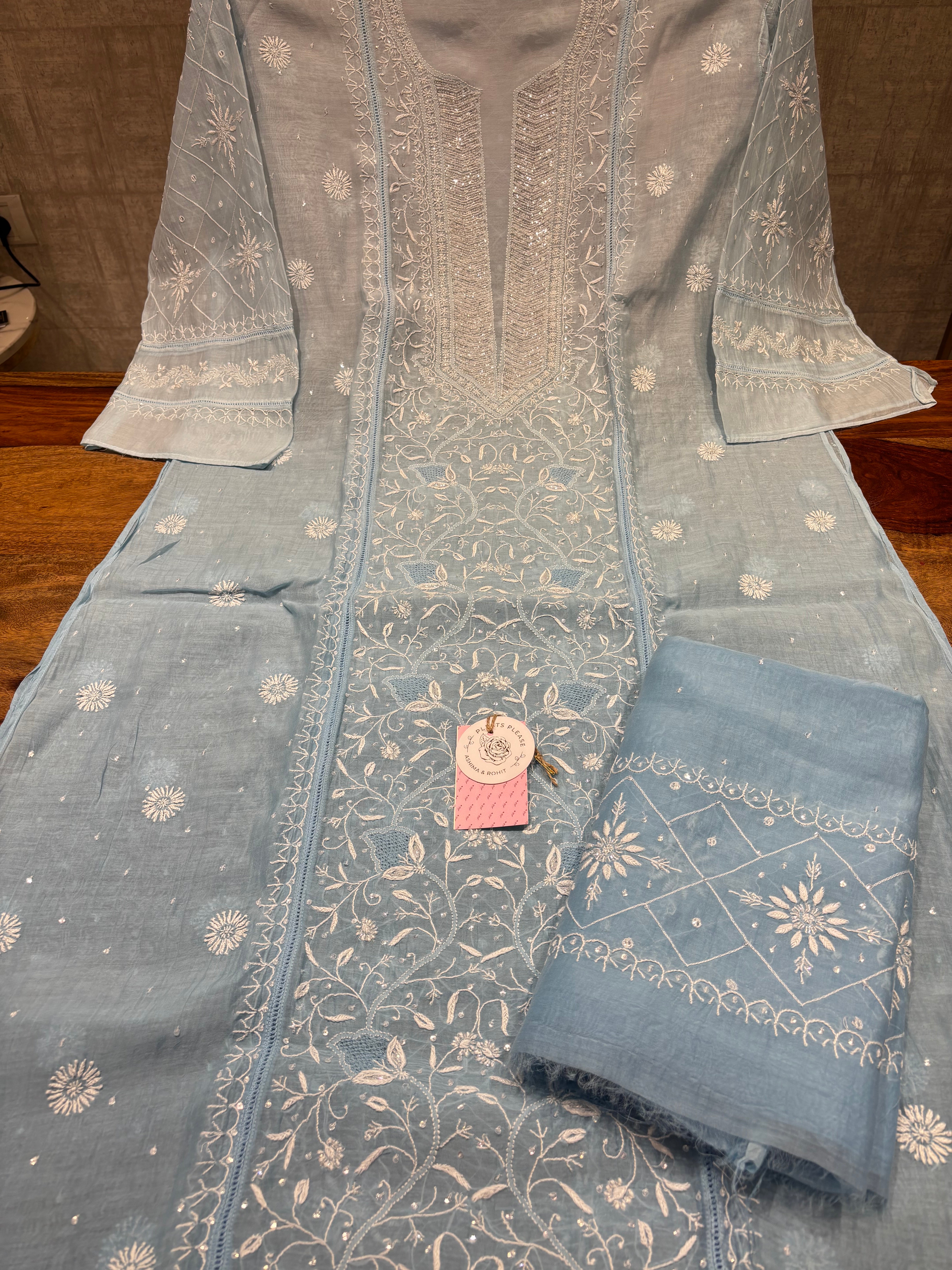 Powder Blue Ombre Chanderi Mul Chikankari Kurta & Dupatta aset