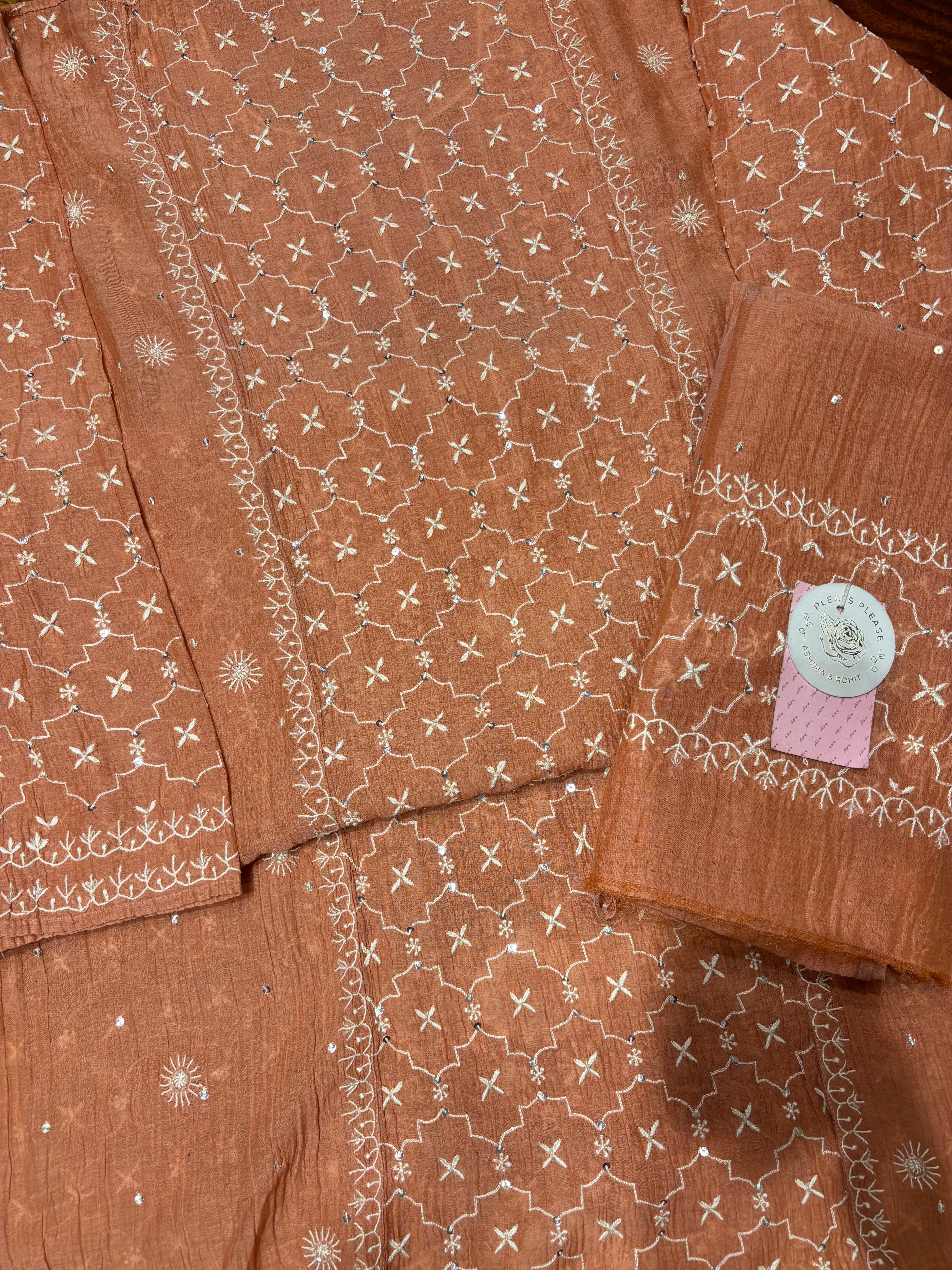 Peach Pure Chanderi Mul Chikankari Kurta & Dupatta