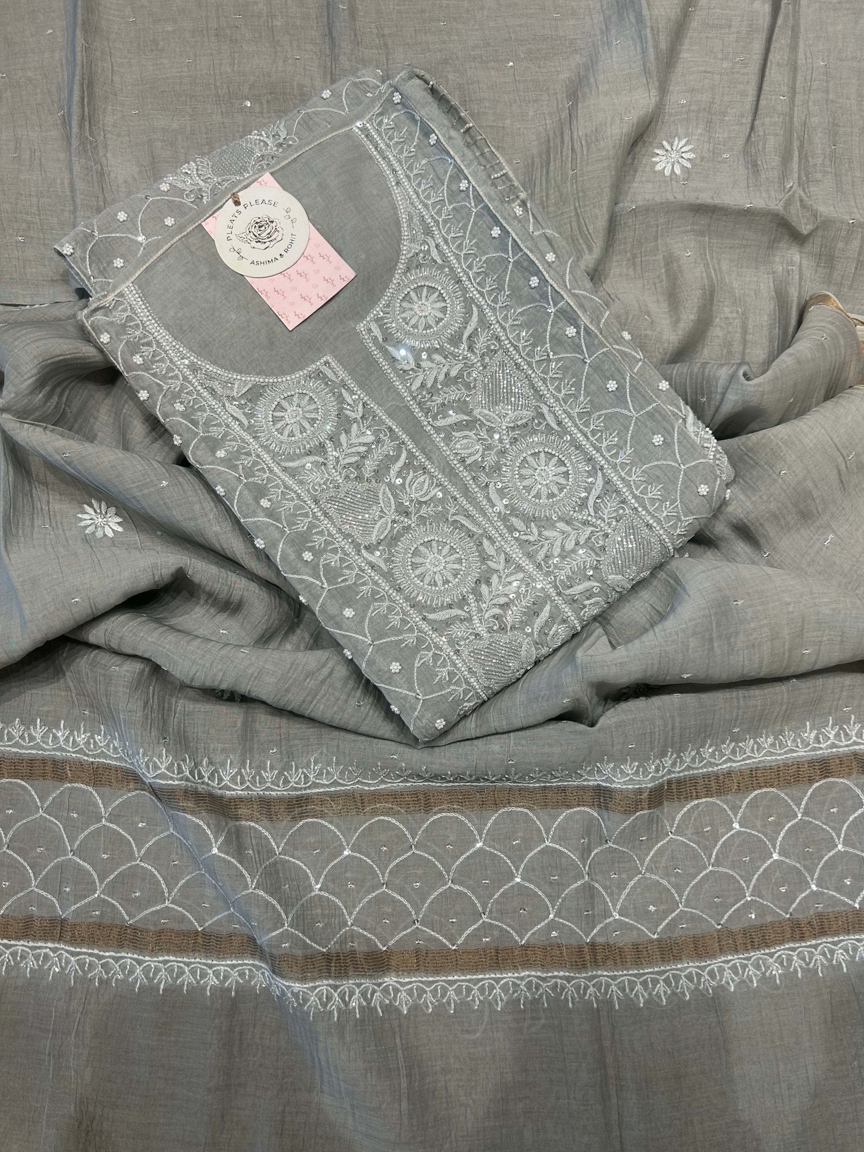 Mossy Green Chanderi Mul Chikankari Kurta and Dupatta