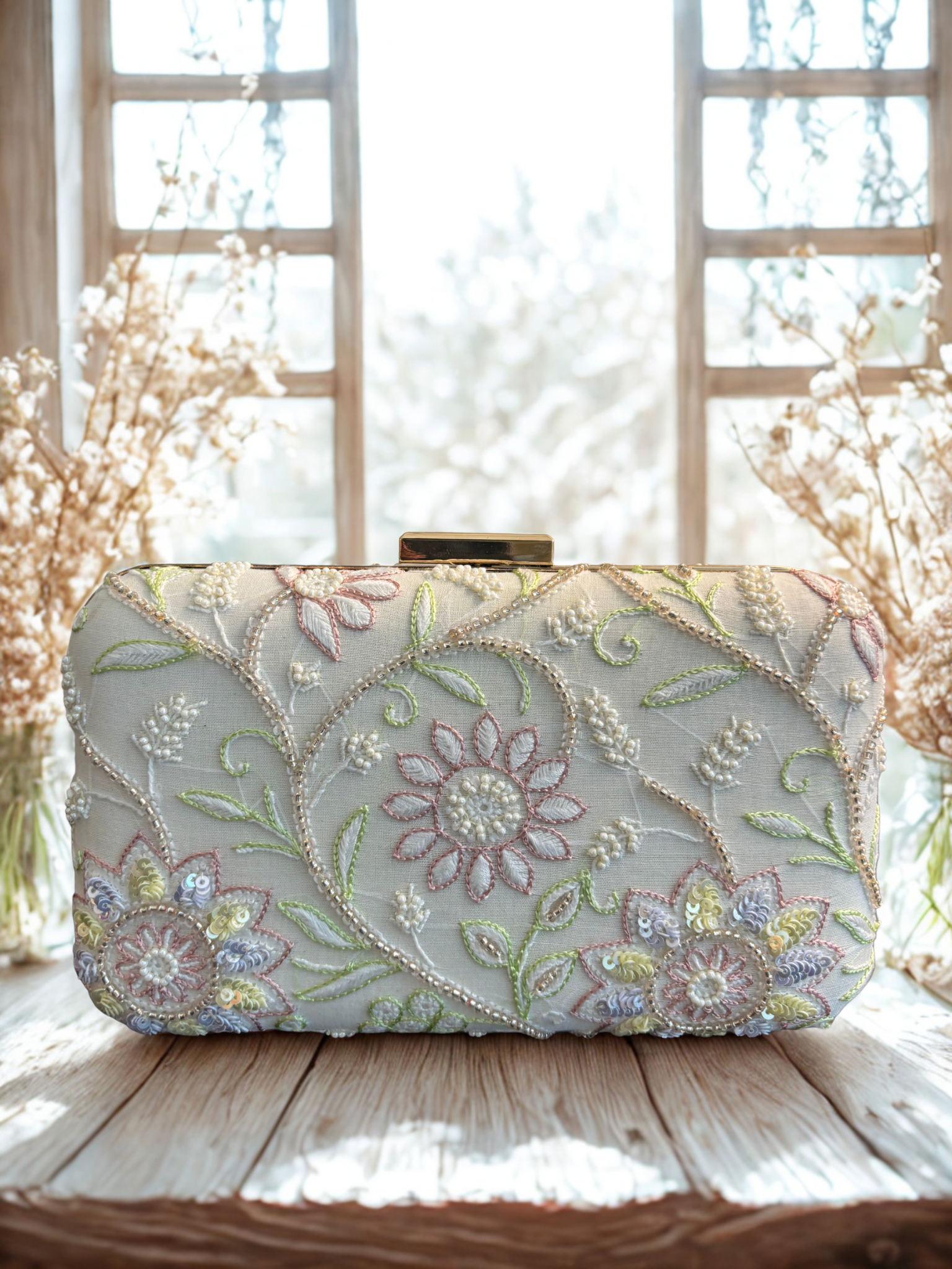 Off White Chikankari Clutch