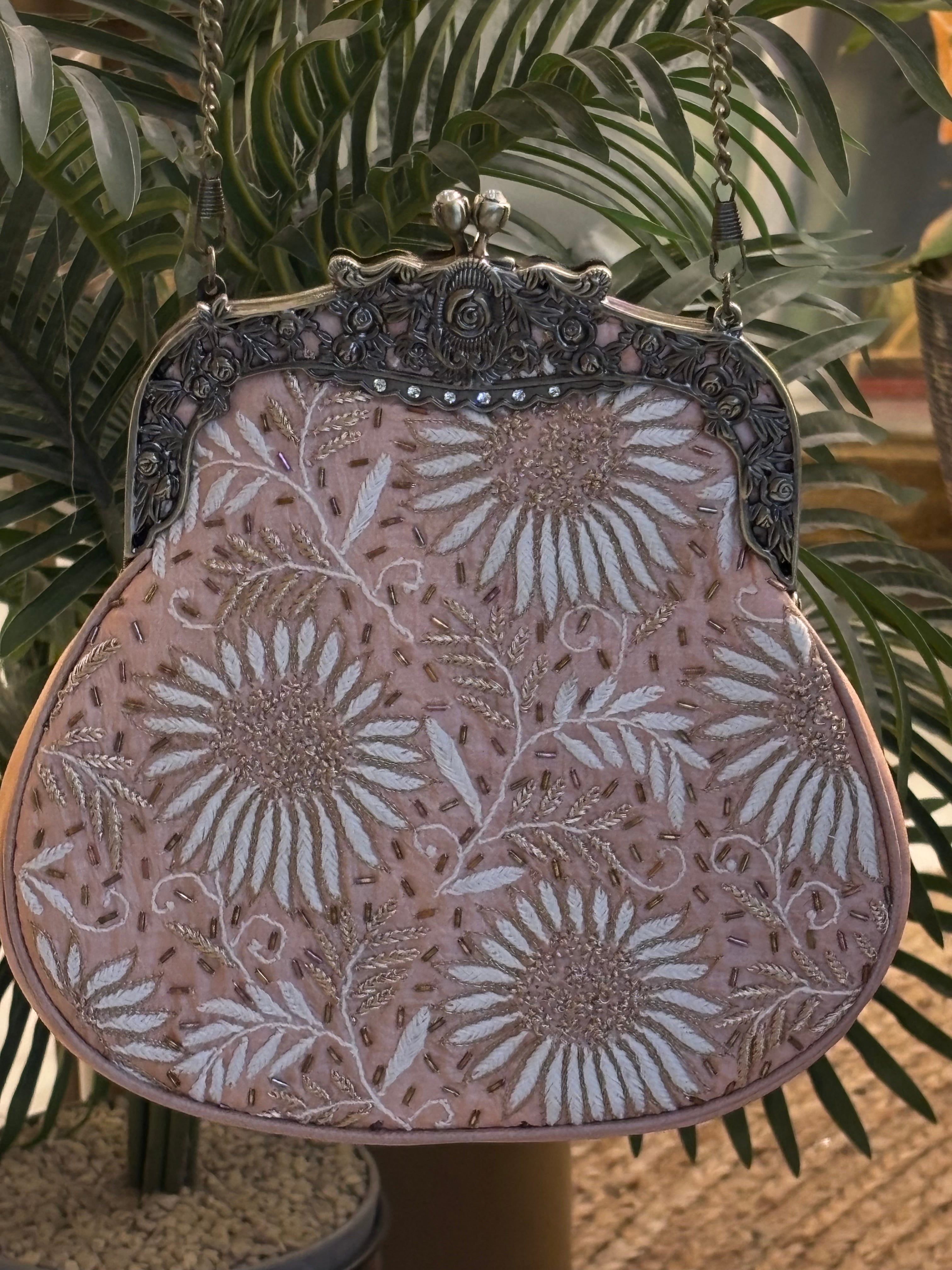 Peach Silk Chikankari Clutch Bag