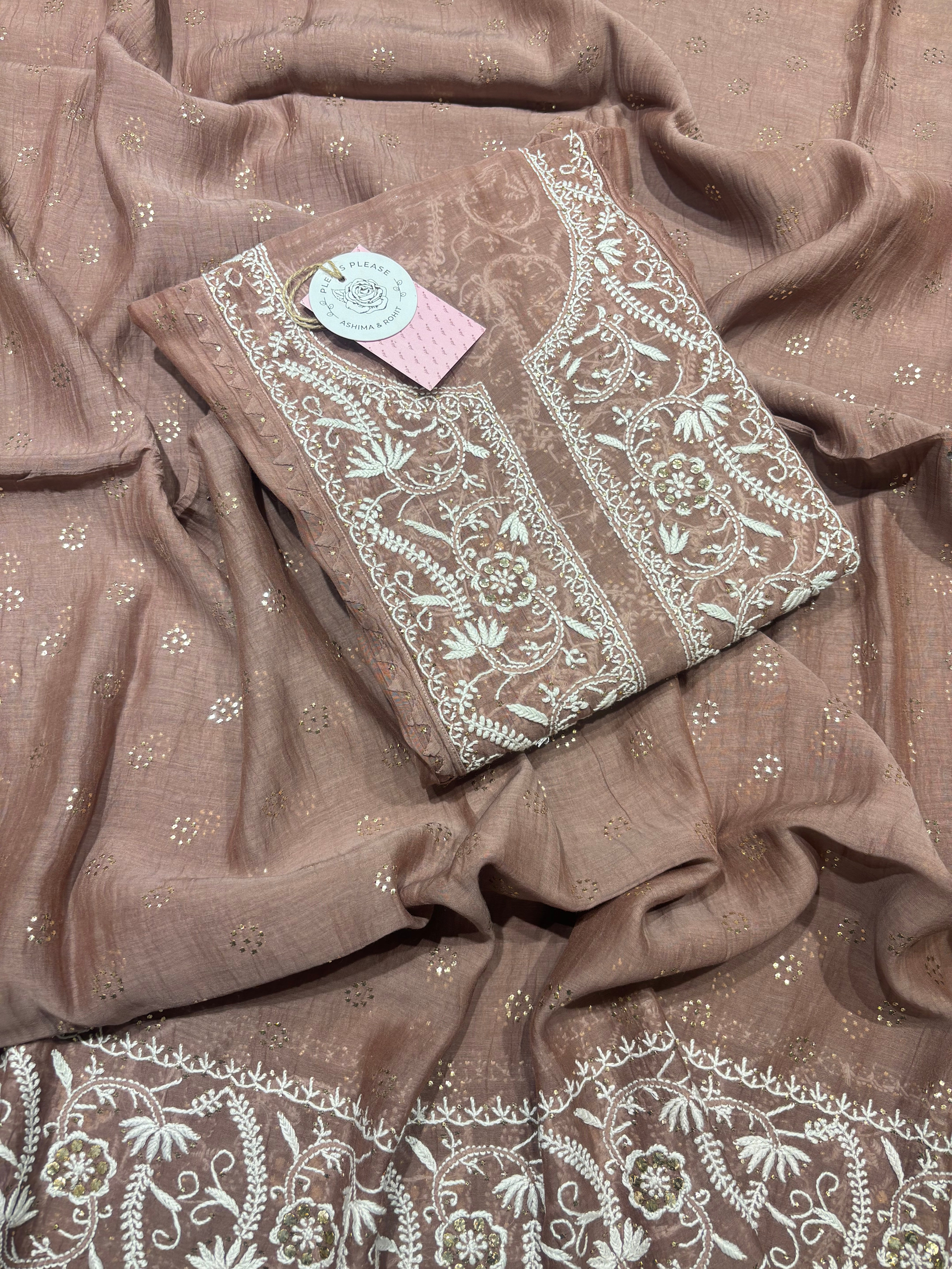 Rosewood Chanderi Mul Chikankari Kurta & Dupatta Set