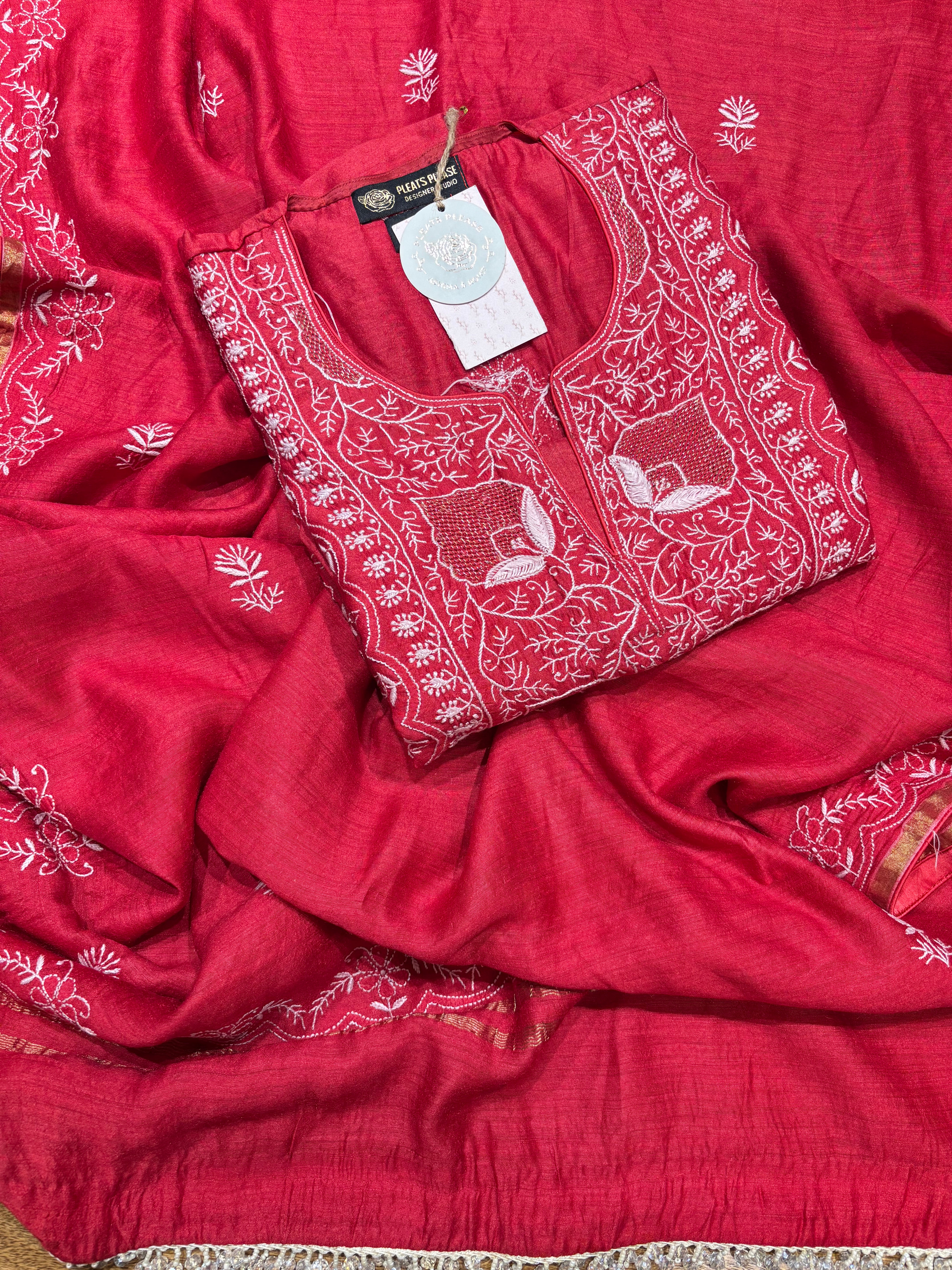 Crimson Red Monga Silk Chikankari Kurta And Dupatta Fabric