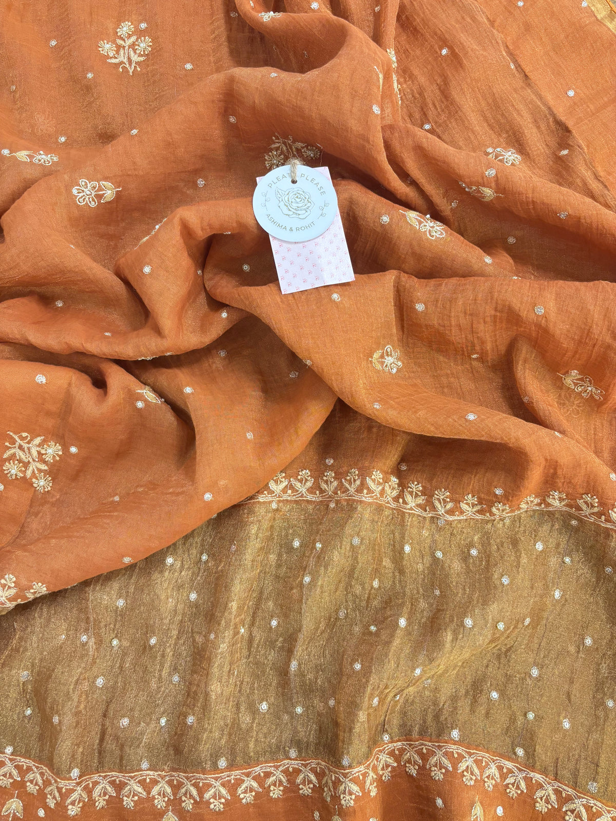 Burnt Orange Pure & Premium Tissue Chikankari Anarkali And Dupatta With Bottom