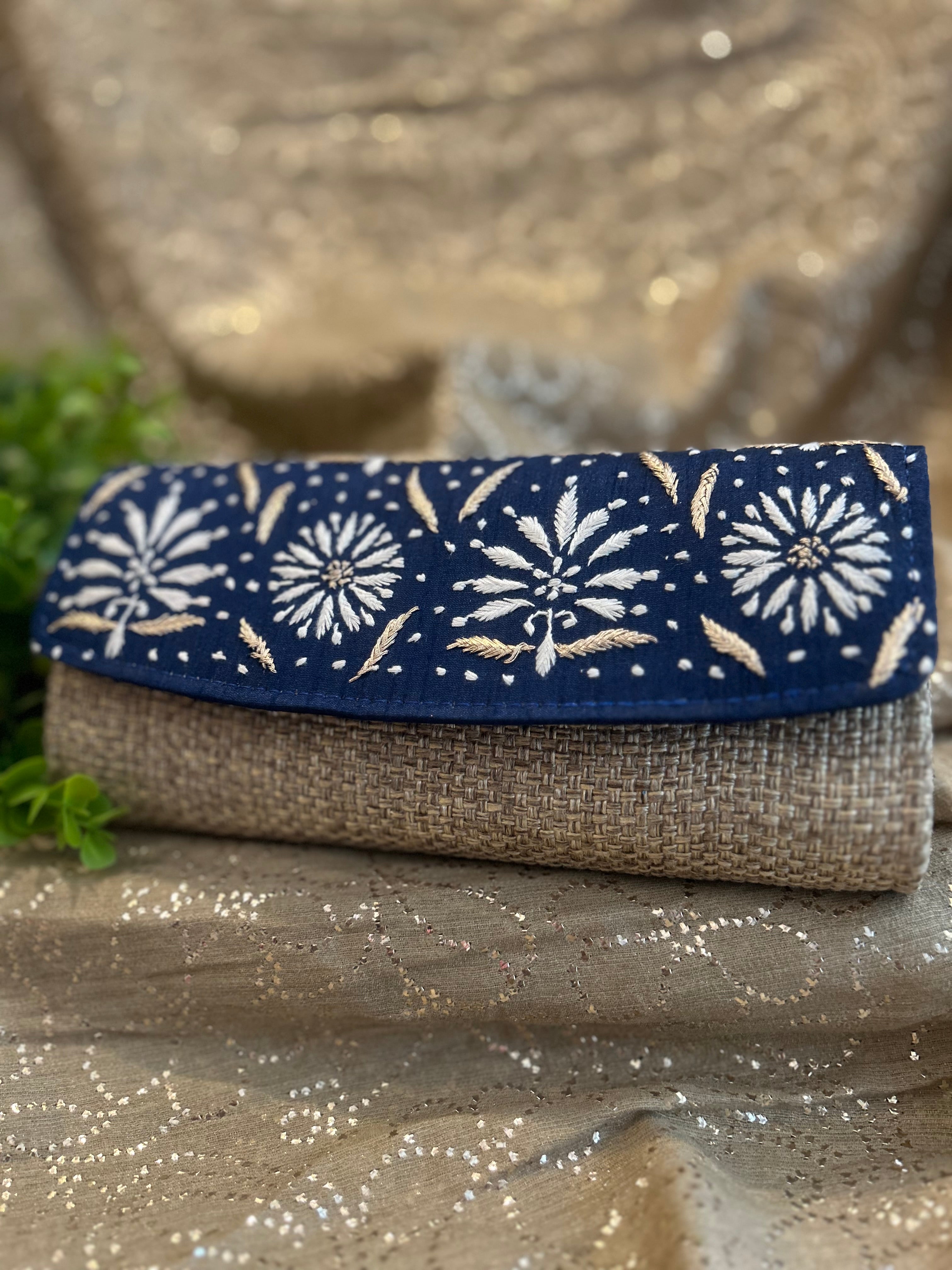 Navy Blue Chikankari Jute Bag