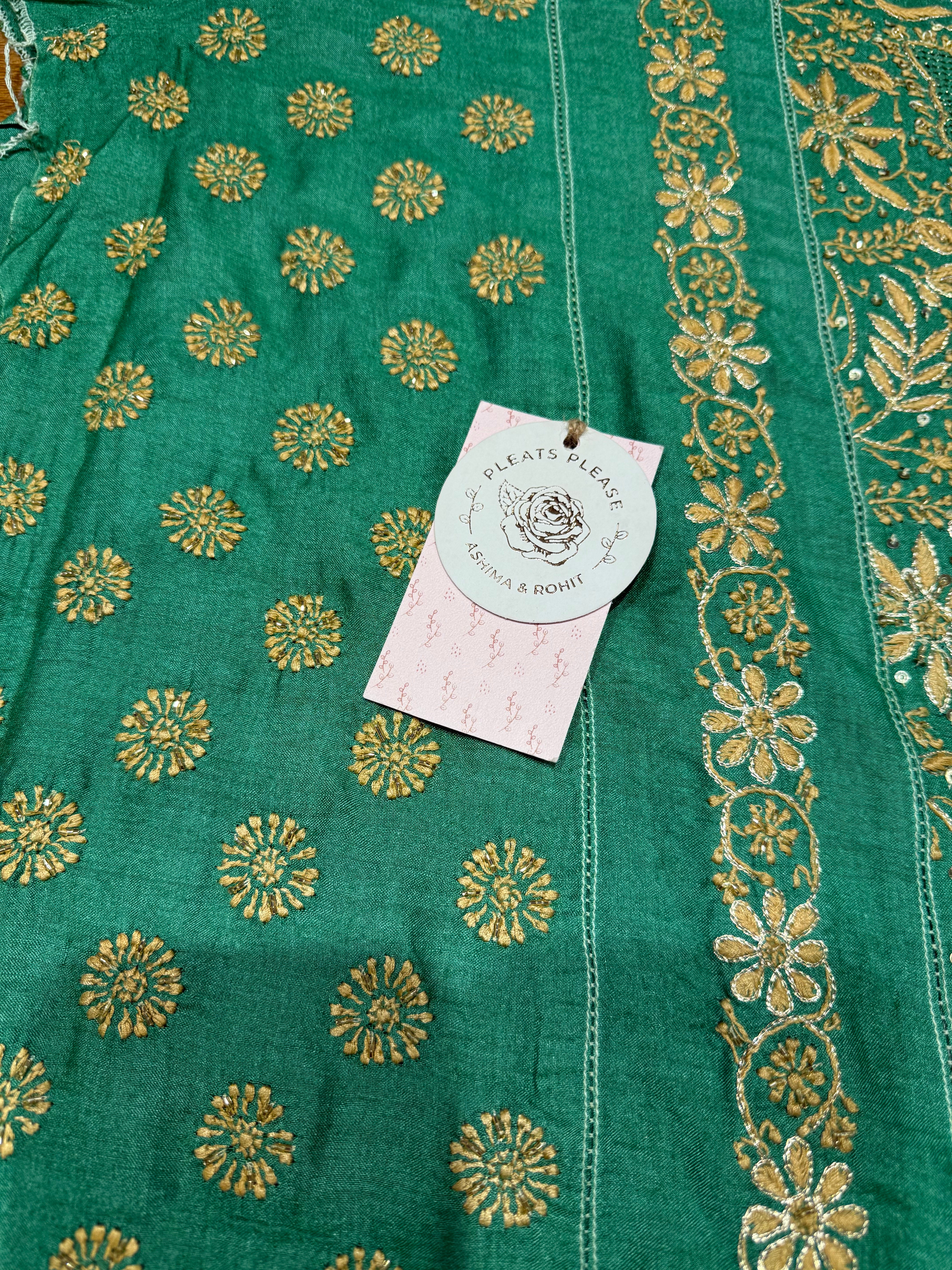 Emerald Green Monga Silk Chikankari A-Line Anarkali & Dupatta Set