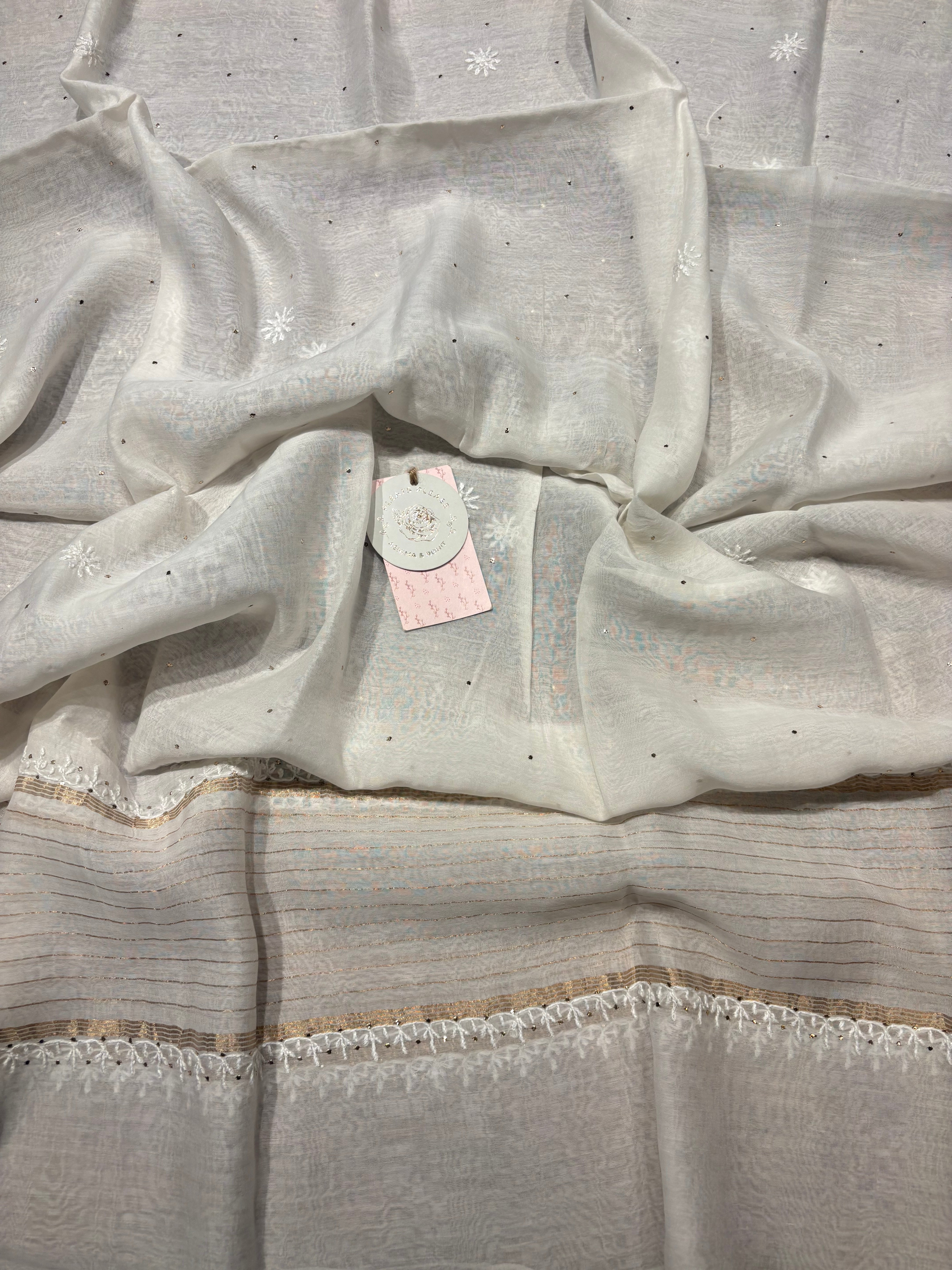 Dyeable Chanderi Mul Chikankari & Mukaish Anarakli and Dupatta Set