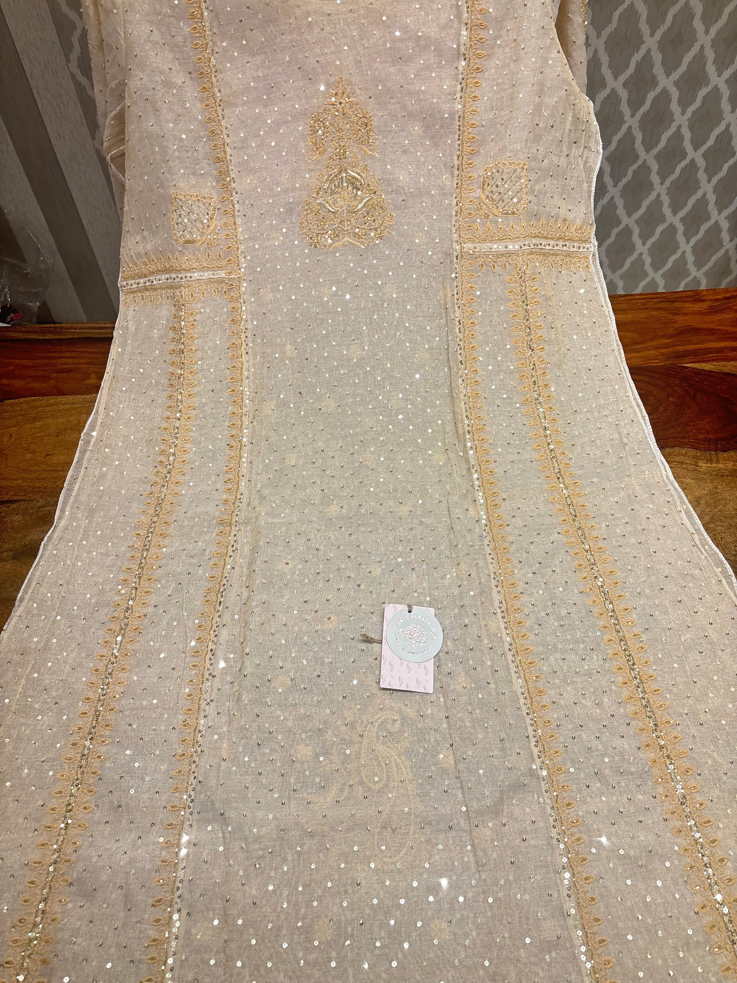 Dyeable Pure Gold Tissue Chikankari A-line Anarkali and Dupatta