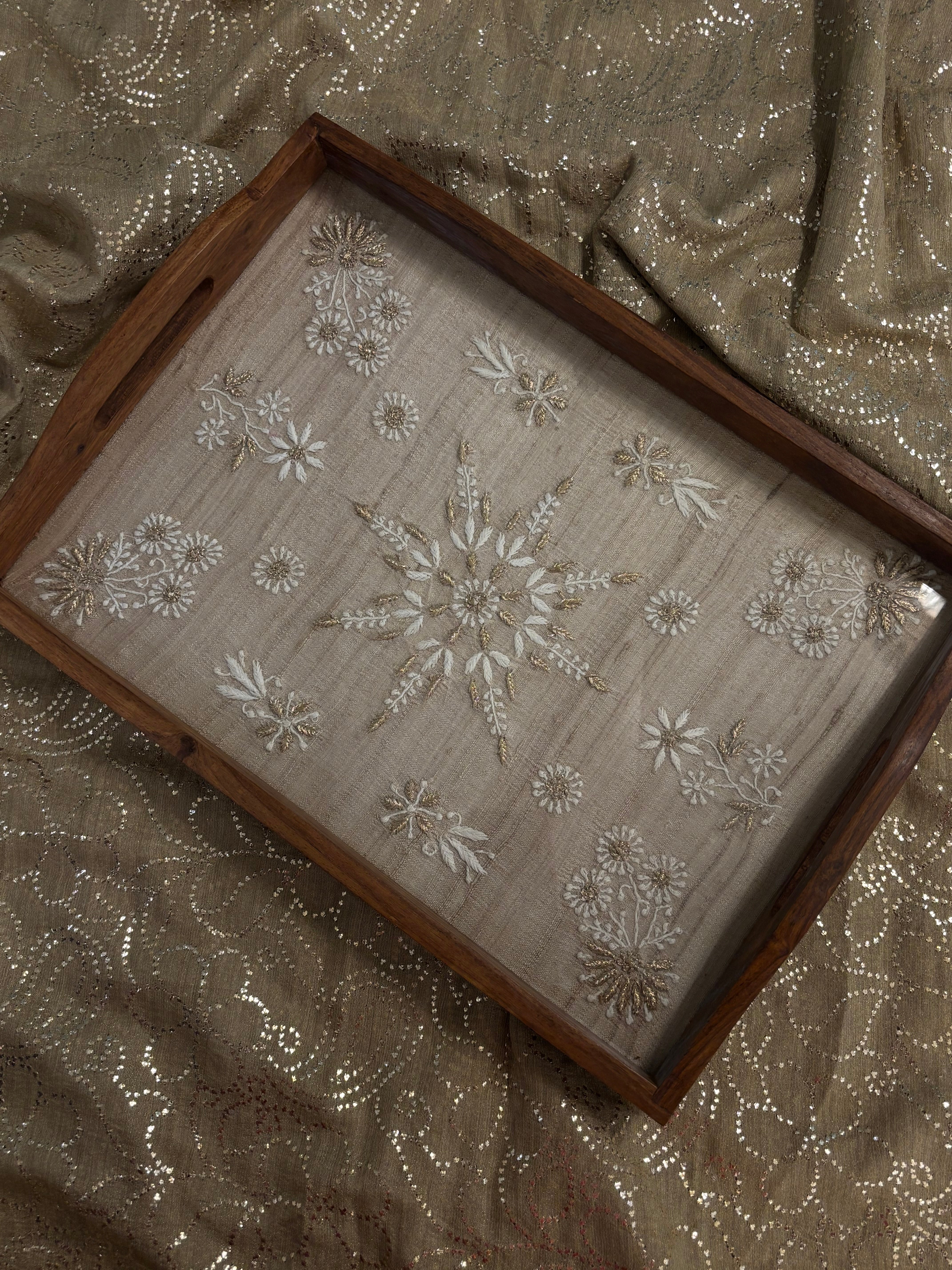 Fawn Silk Rectangle Chikankari Wooden Tray