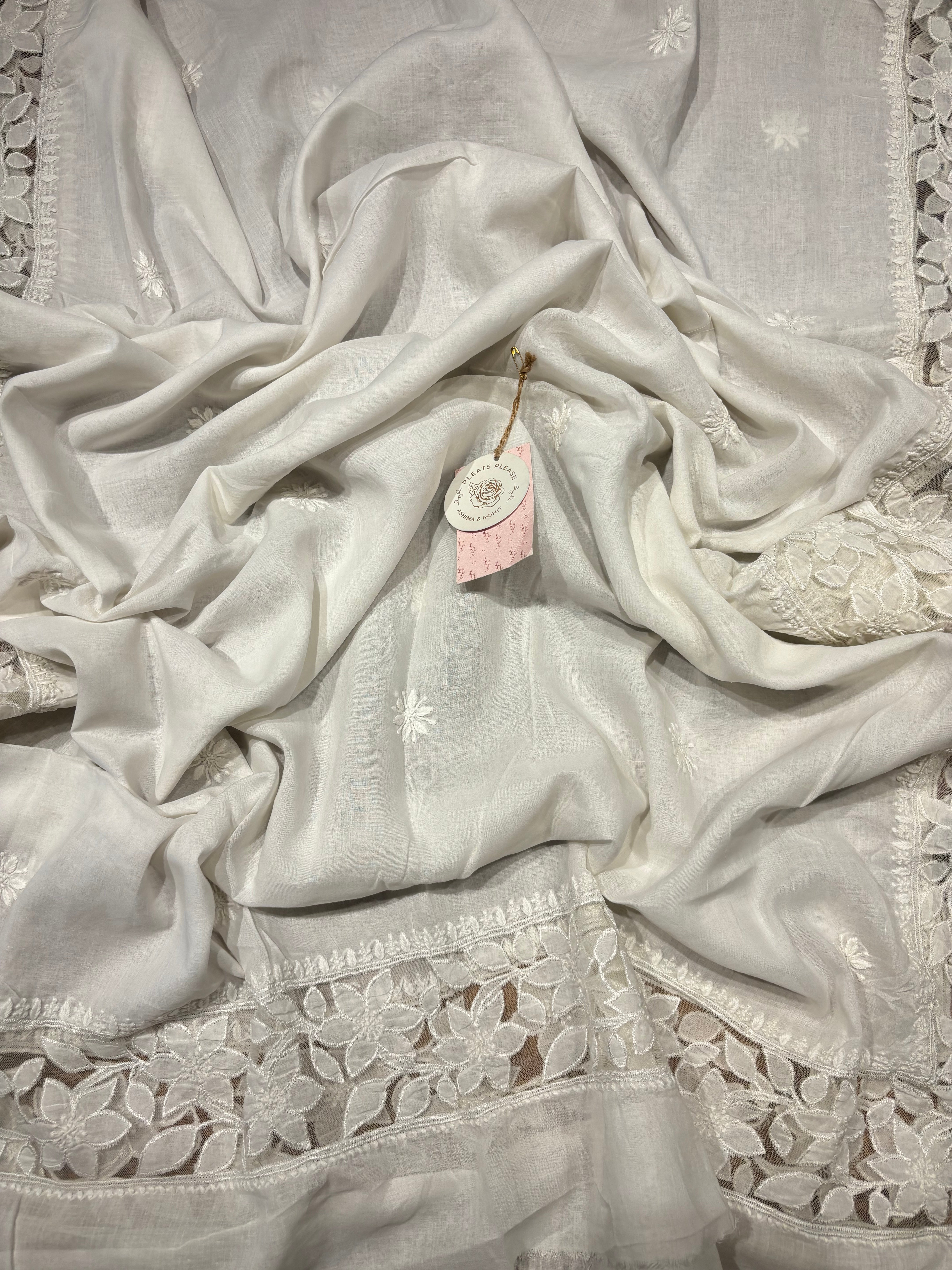 White Mulmul Soft Net Chikankari Applique Kurta And Dupatta Fabric