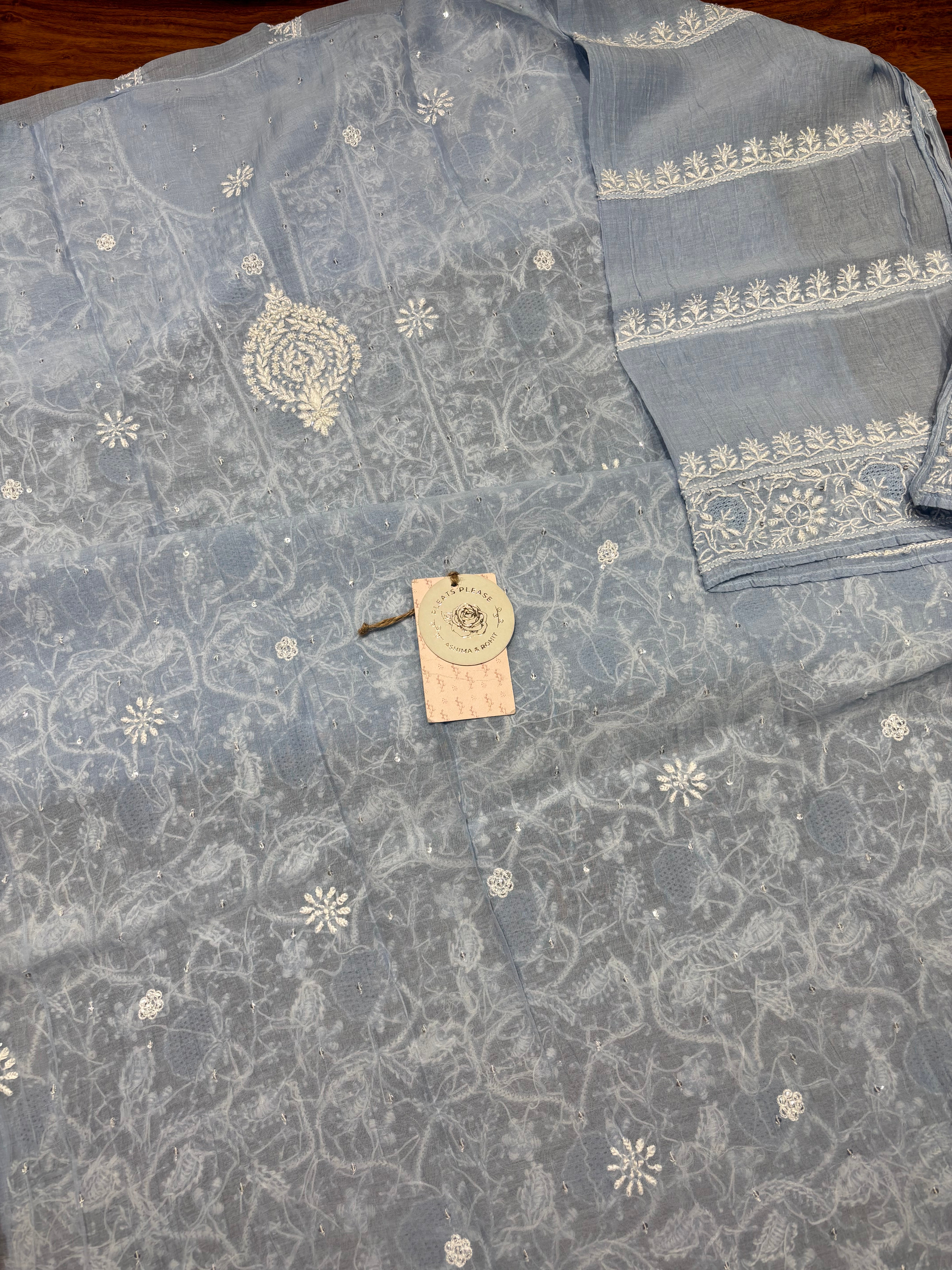 Powder Blue Chanderi Mul Chikankari Kurta & Dupatta Set