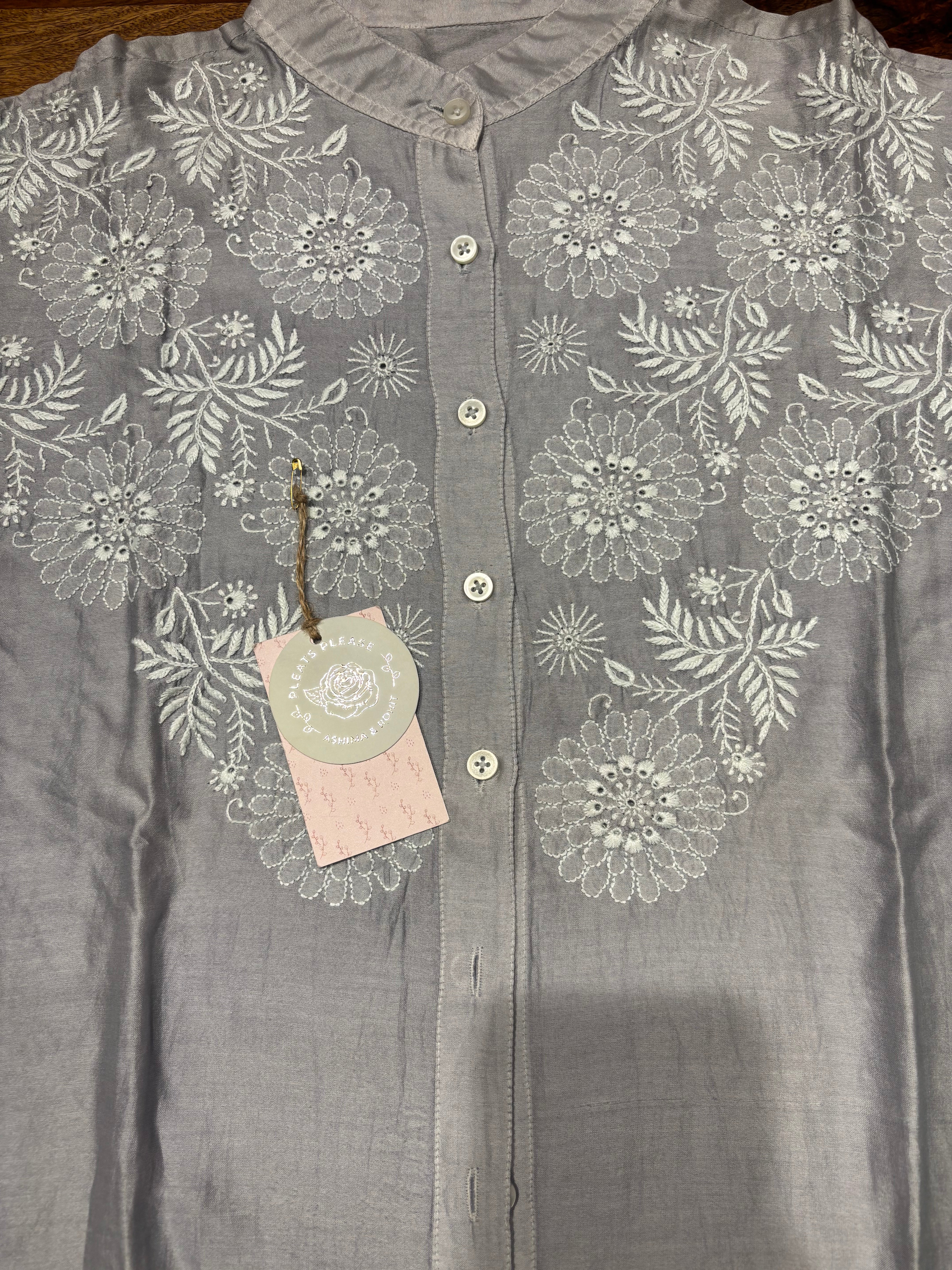 Gray Chanderi Silk Chikankari Shirt