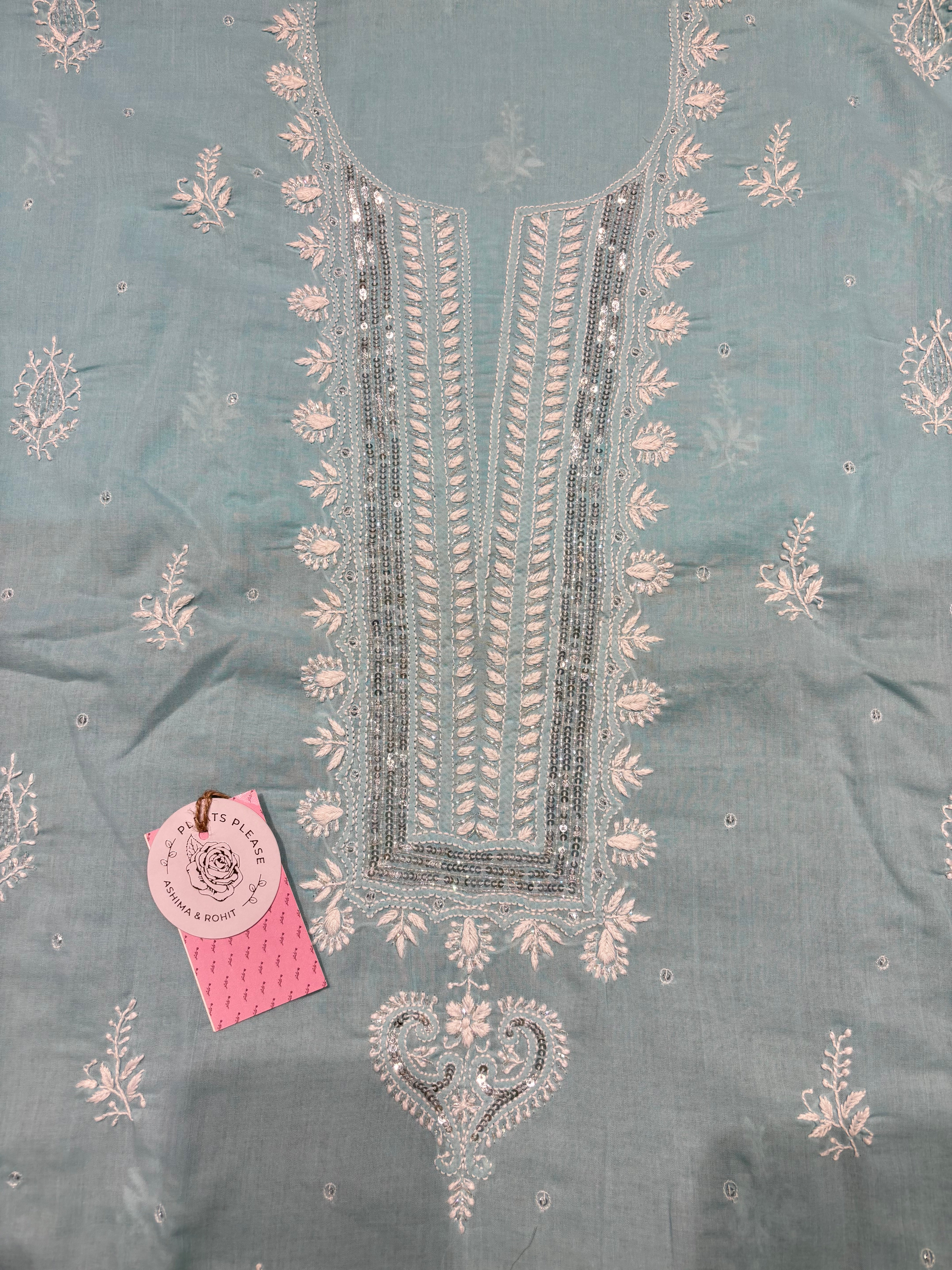 Powder Blue Mulmul Chikankari Kurta Fabric